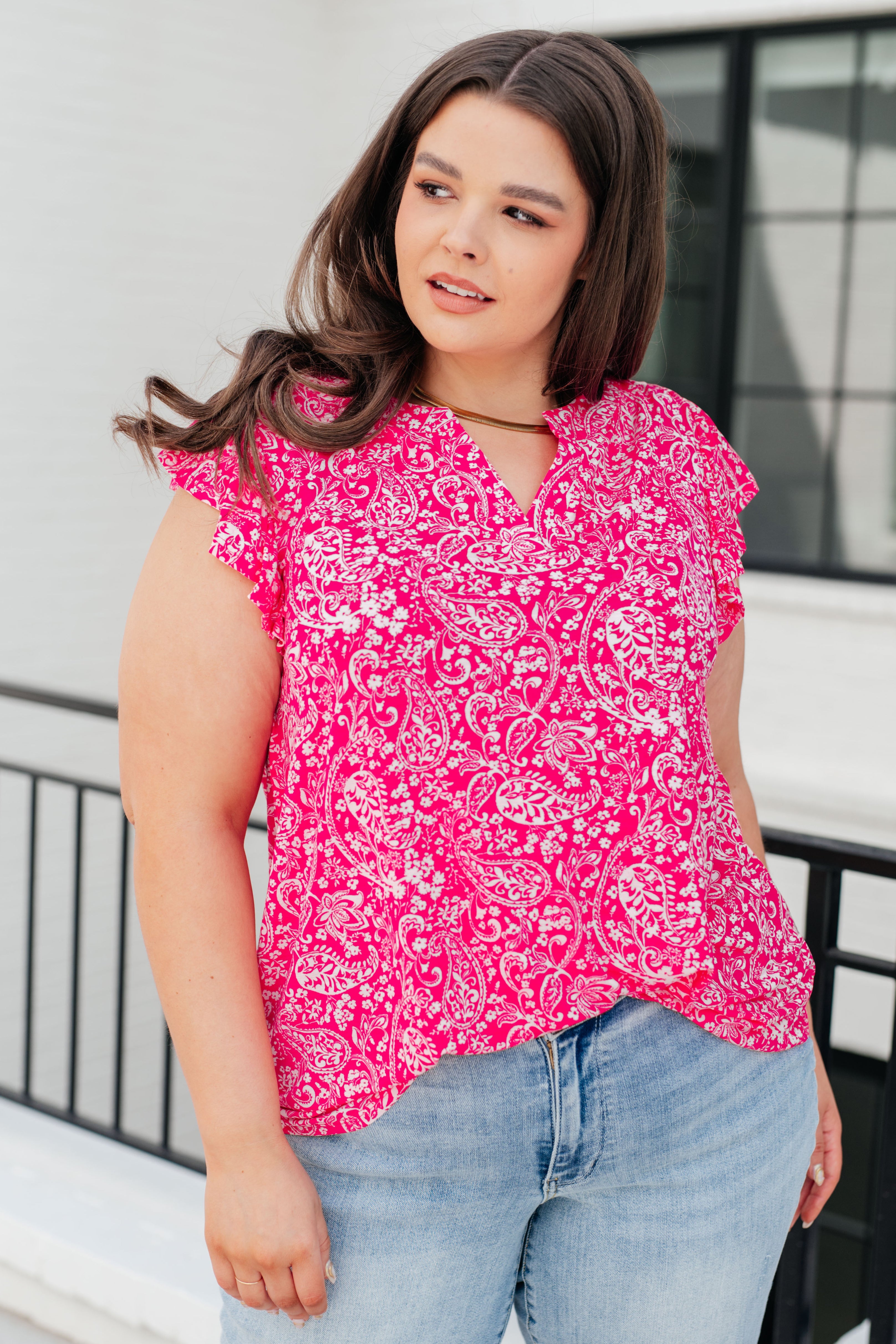 Lizzy Flutter Sleeve Top • Hot Pink and White Floral