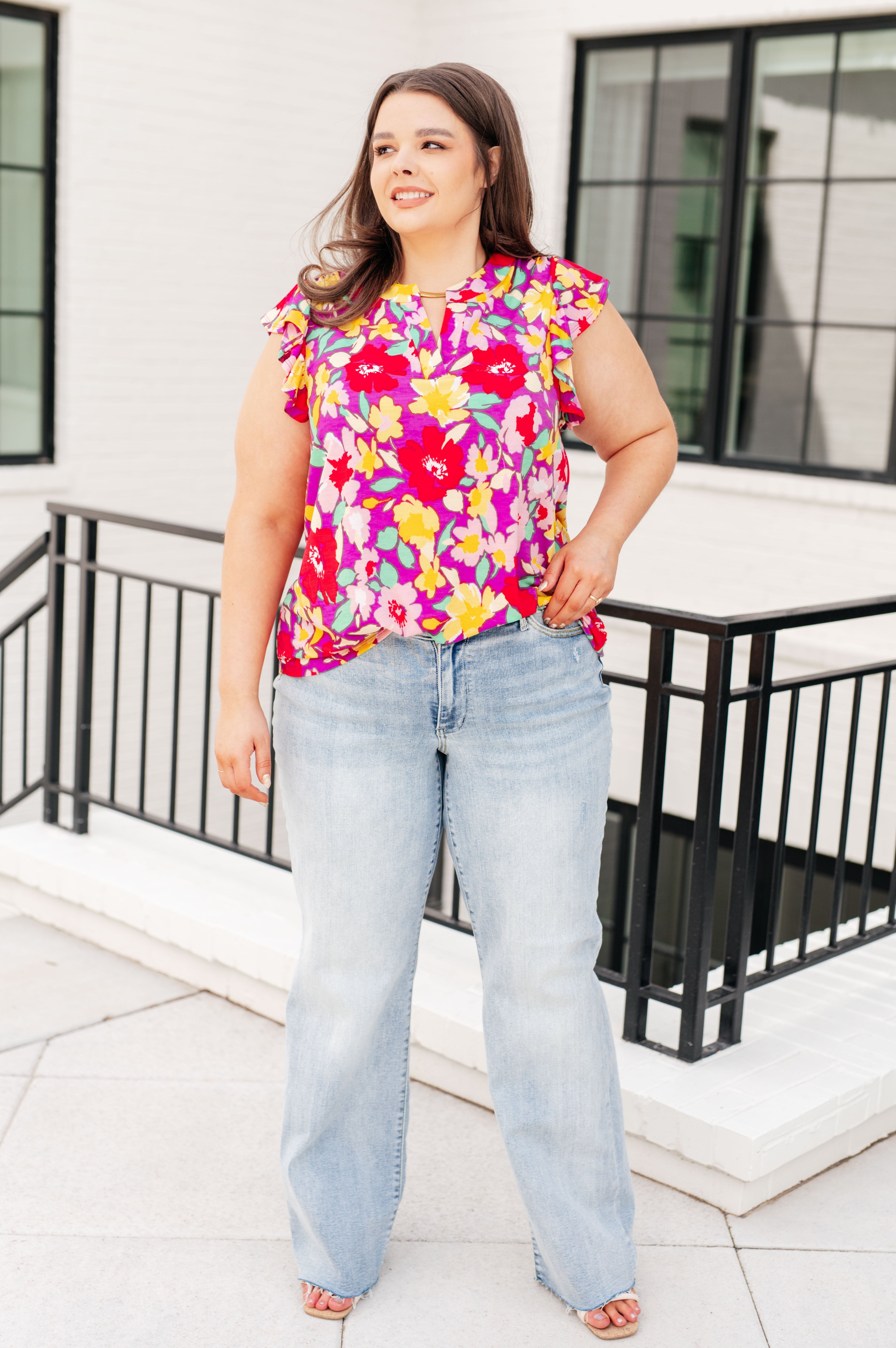 Lizzy Flutter Sleeve Top • Magenta and Yellow Floral