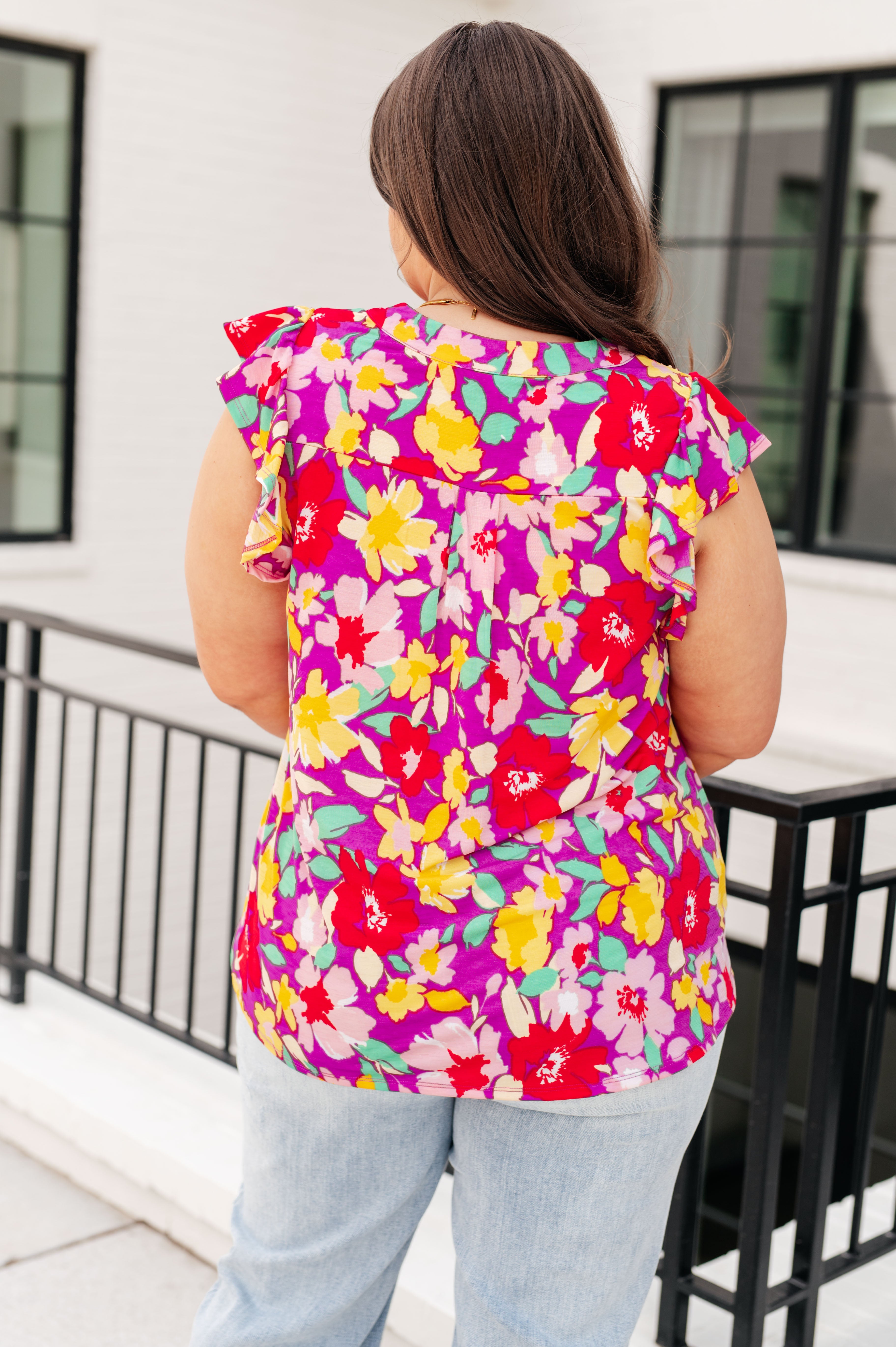 Lizzy Flutter Sleeve Top • Magenta and Yellow Floral