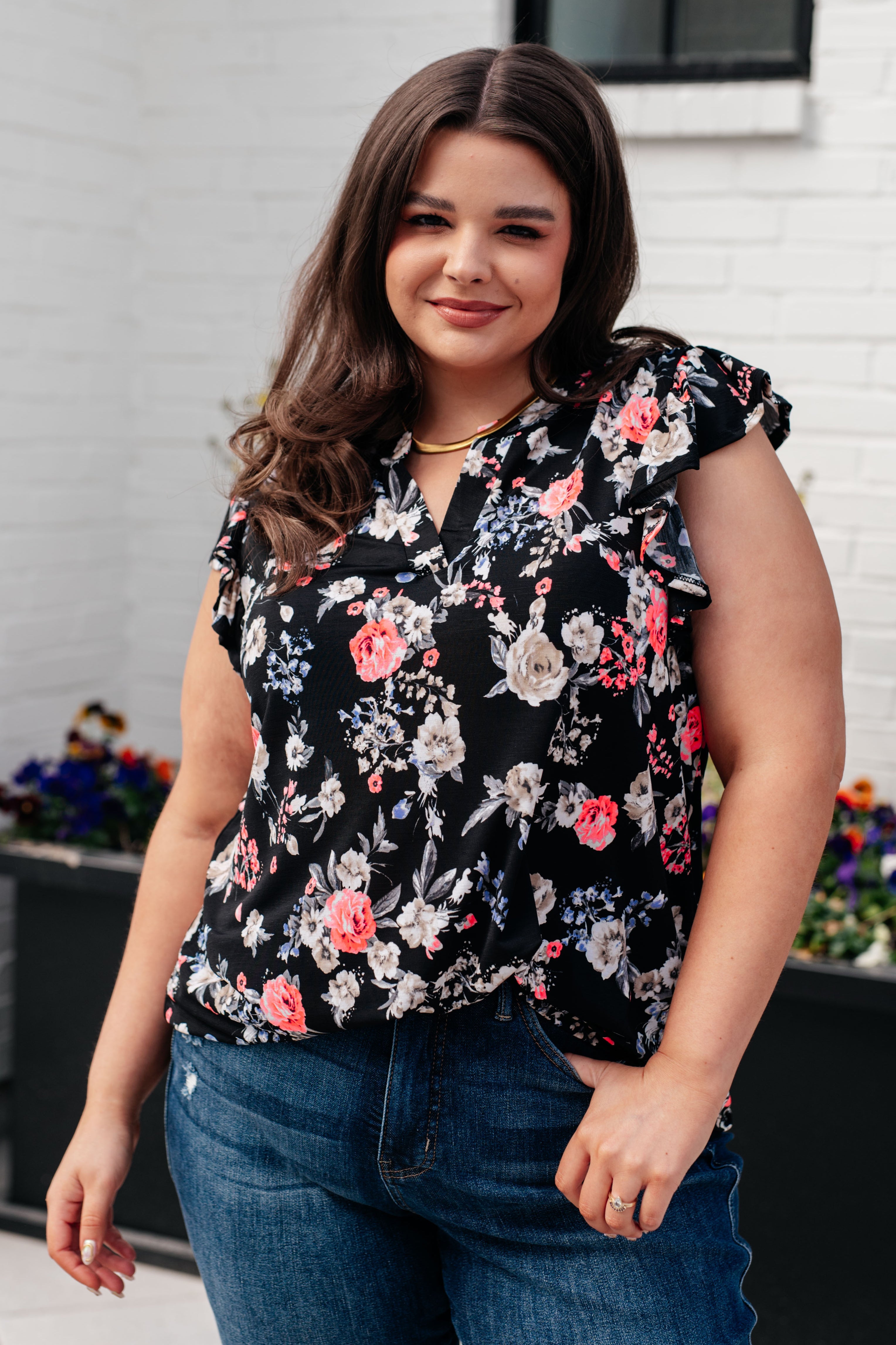 Lizzy Flutter Sleeve Top • Black and Muted Pink Floral