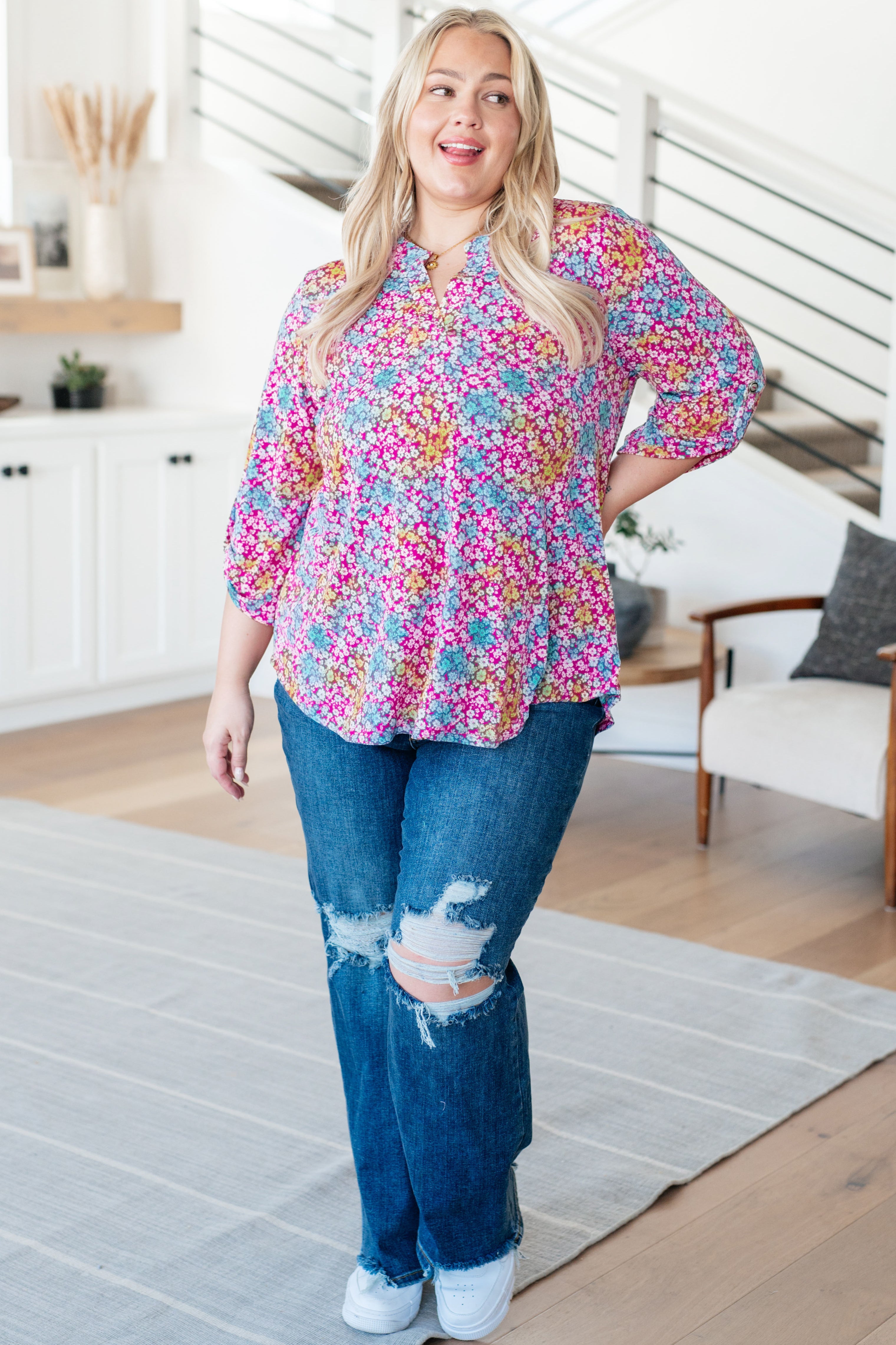 Lizzy Top • Pink and Aqua Ditsy Floral