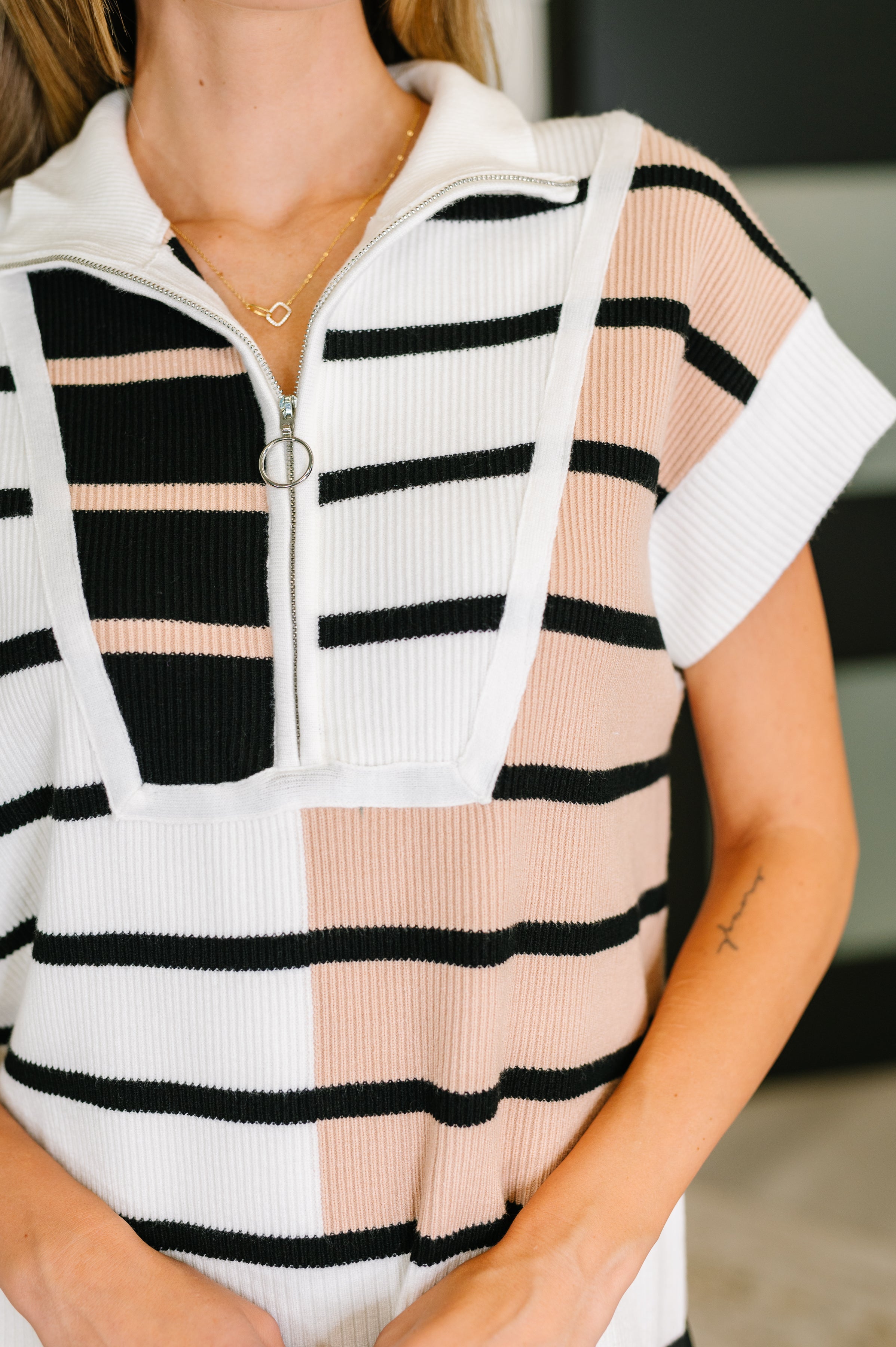 Lonely Traveler Striped Quarter Zip Vest • White