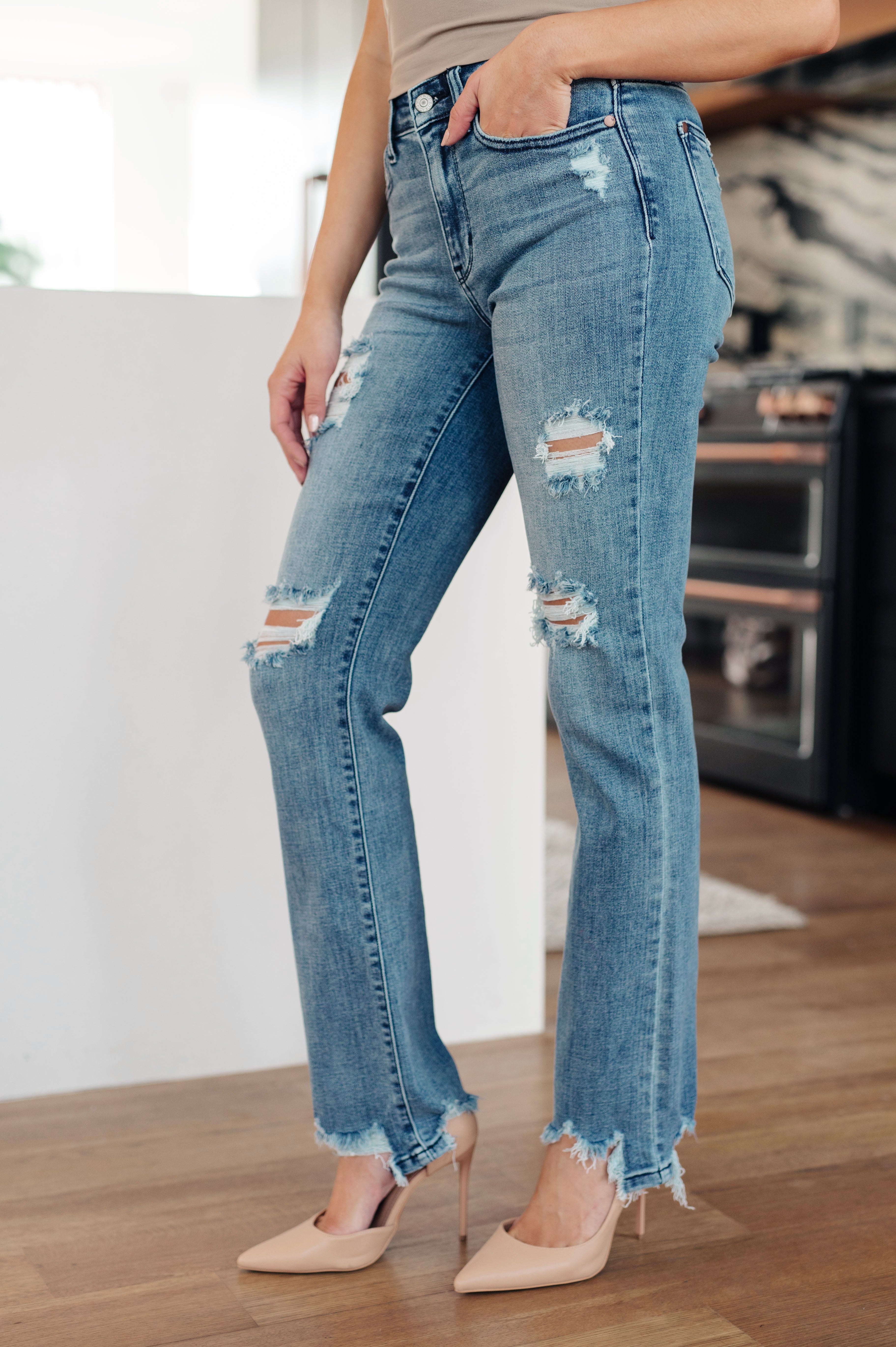 O'Hara Mid Rise Destroyed Straight Jeans • Medium Wash