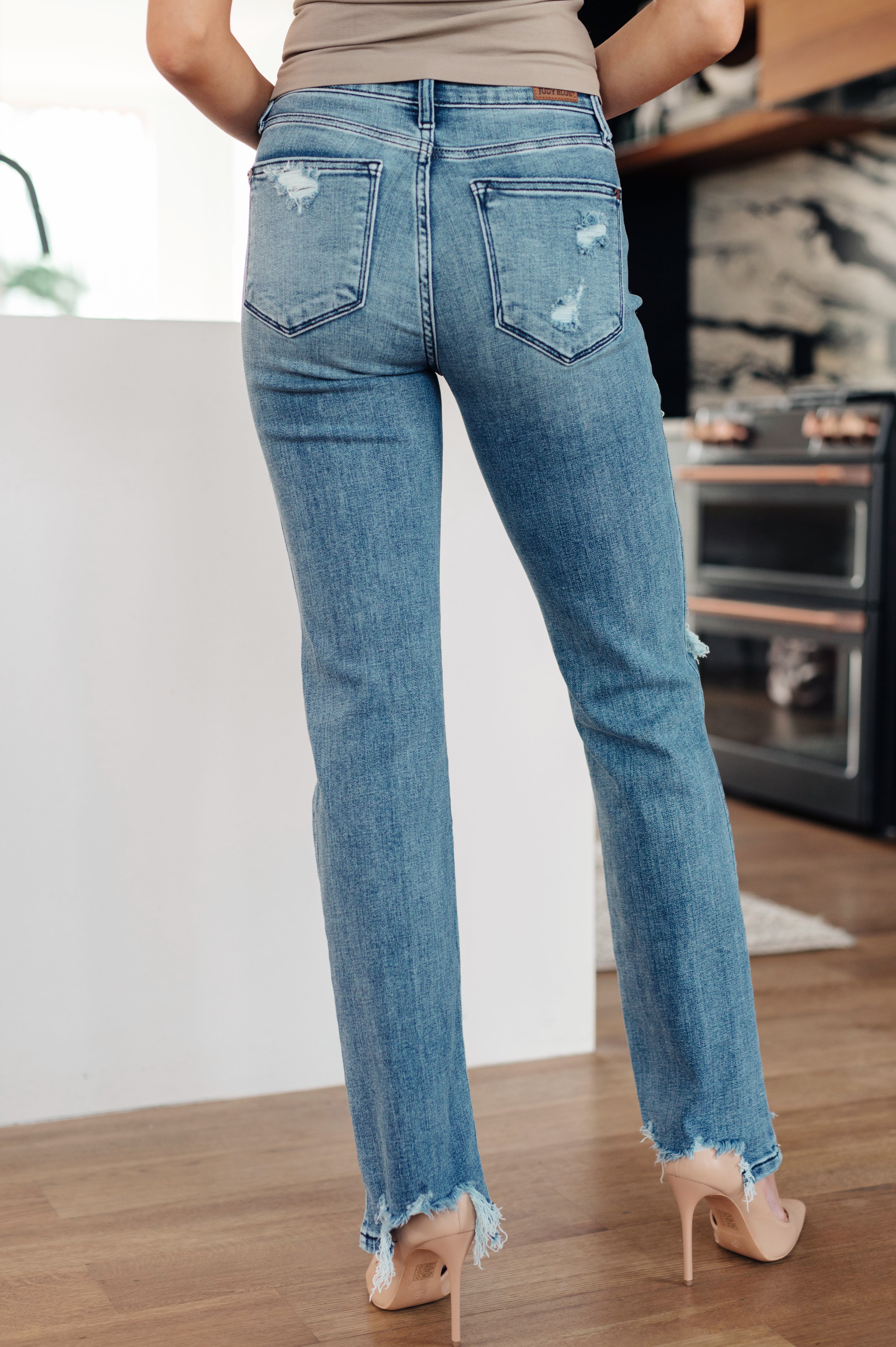 O'Hara Mid Rise Destroyed Straight Jeans • Medium Wash