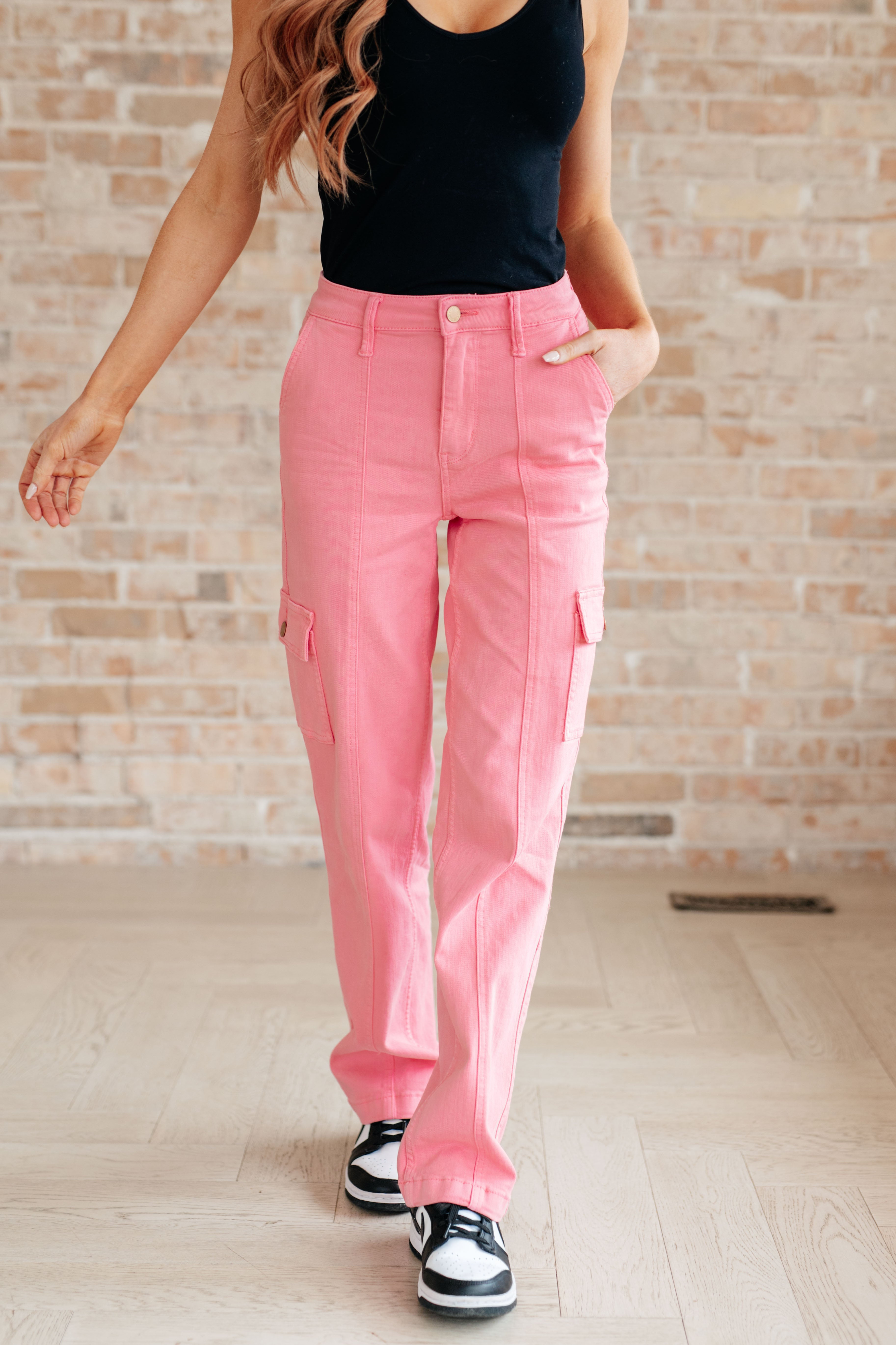 Peggy High Rise Cargo Straight Jeans • Pink