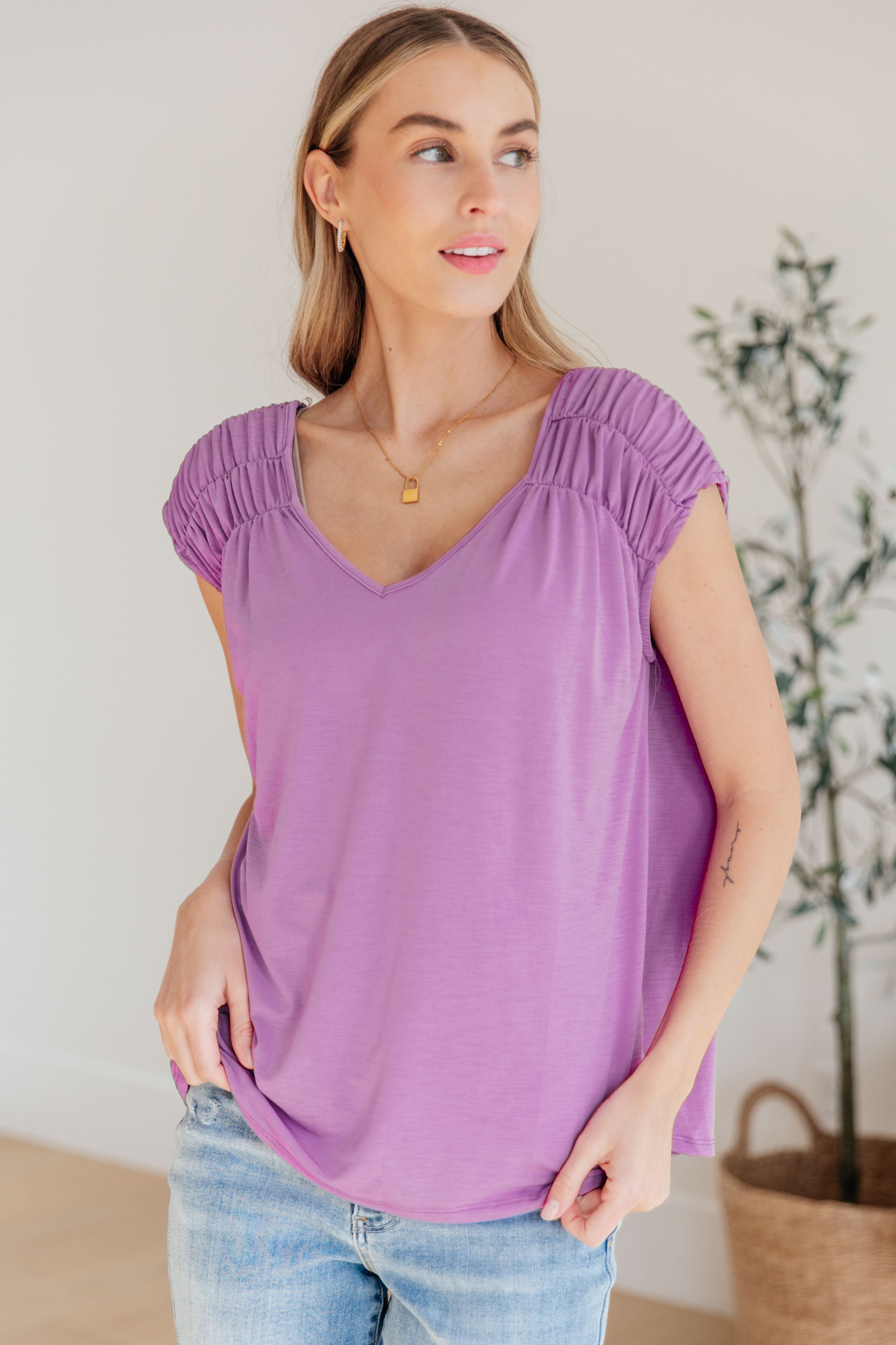 Ruched Cap Sleeve Top • Lavender