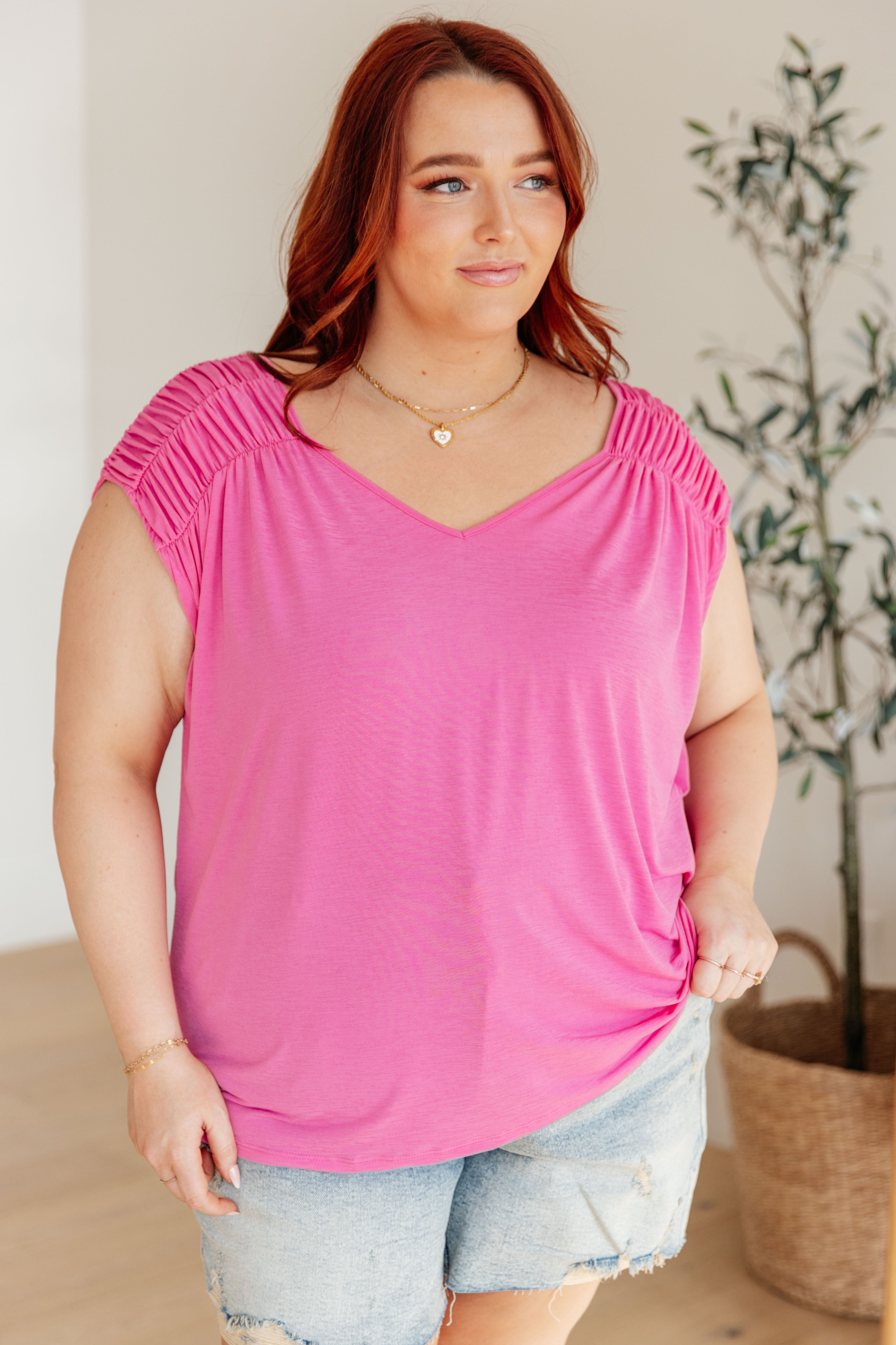 Ruched Cap Sleeve Top • Magenta