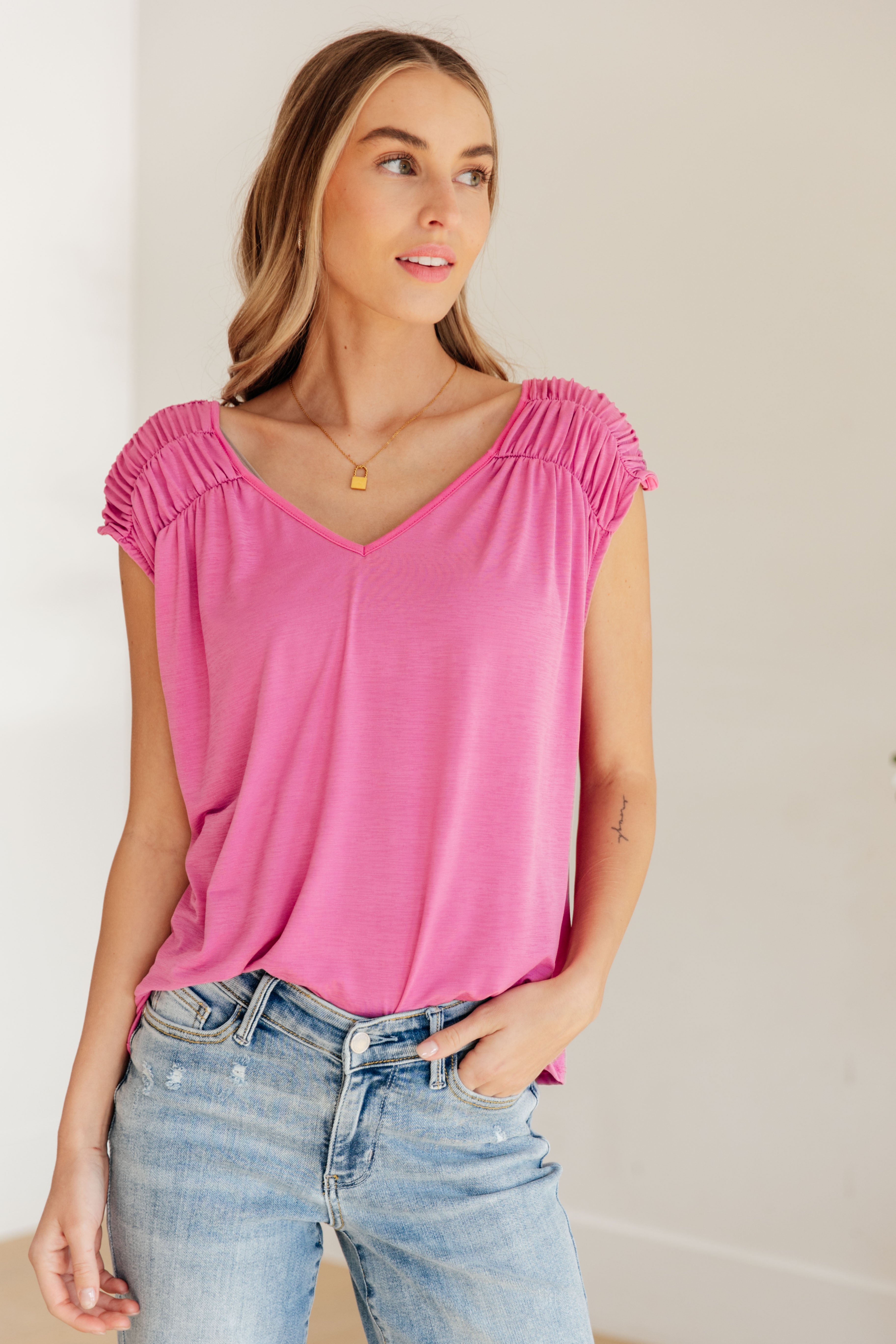 Ruched Cap Sleeve Top • Magenta