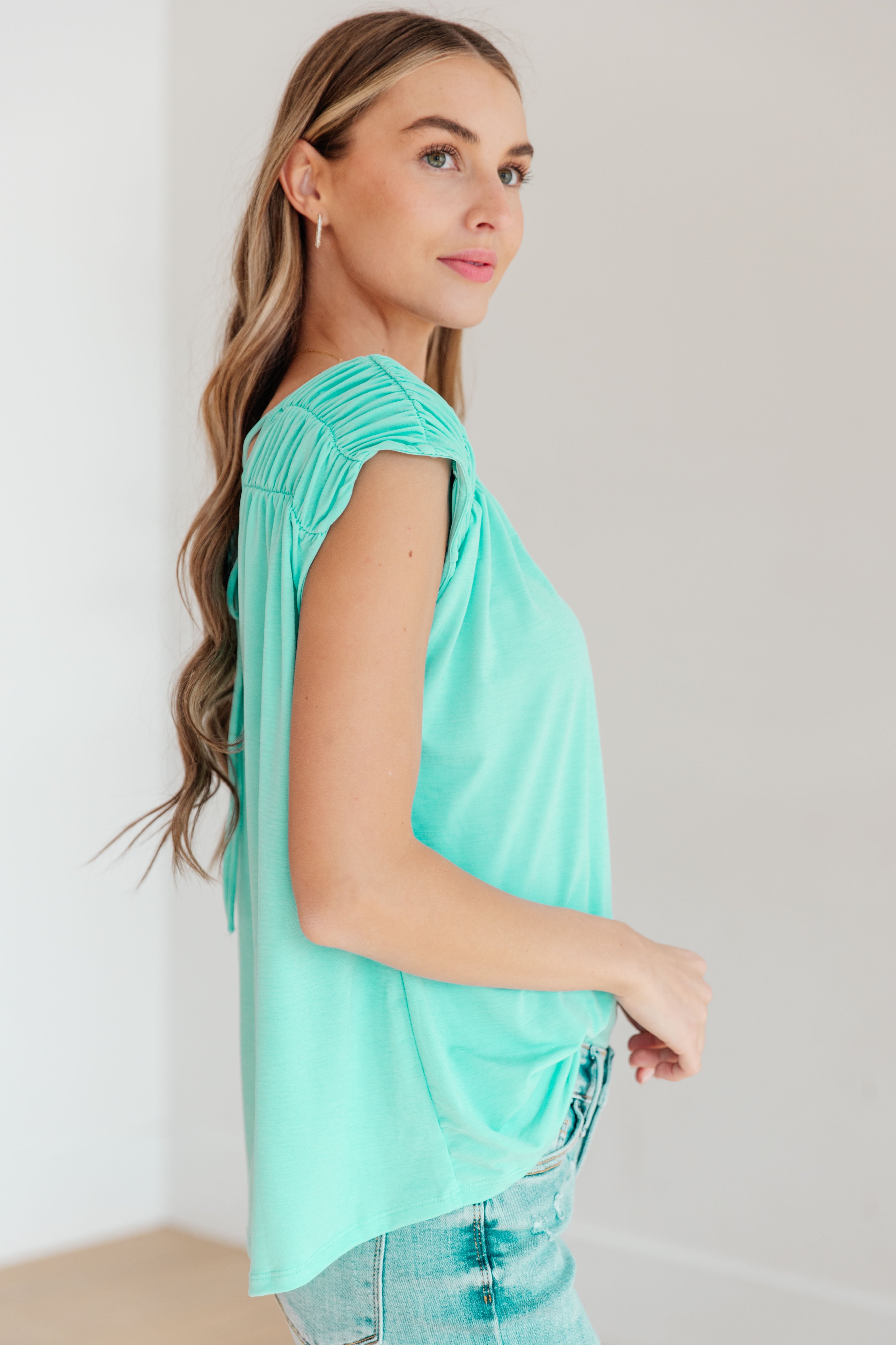 Ruched Cap Sleeve Top • Neon Blue