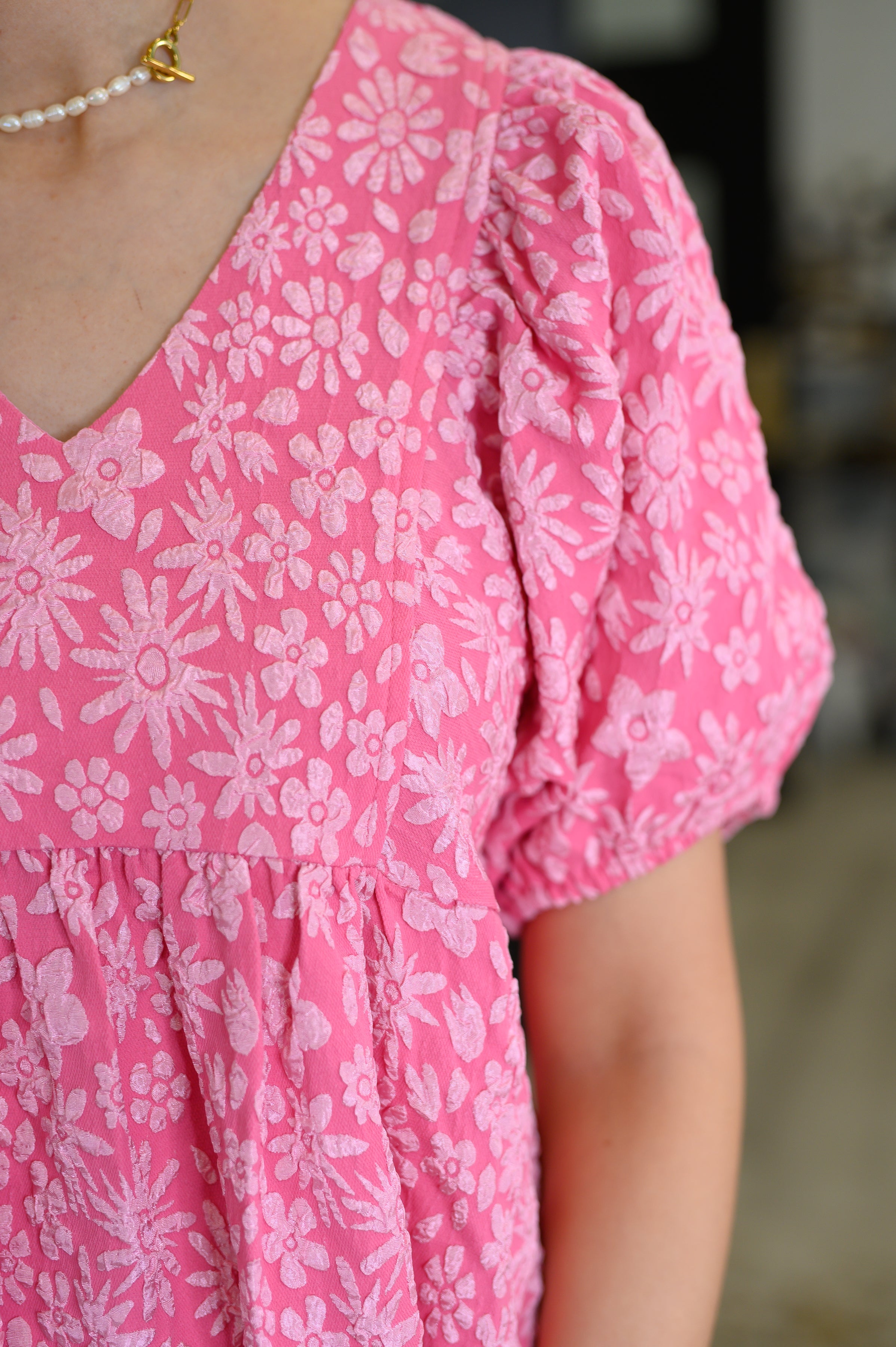 Softly Spoken Textured V-Neck Dress • Hot Pink