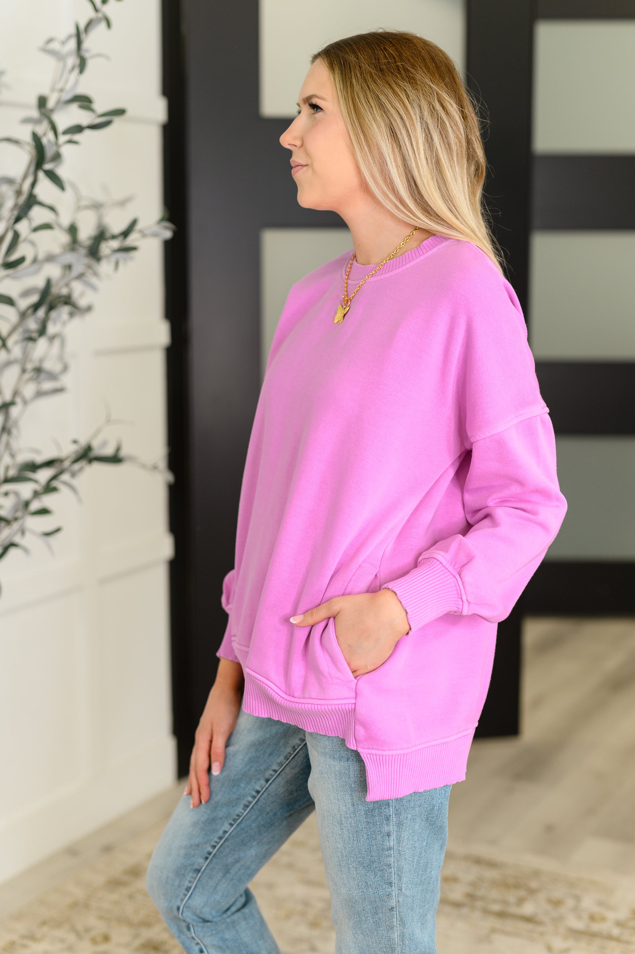 Talk Cozy to Me Stepped Hem Pullover • Bright Mauve