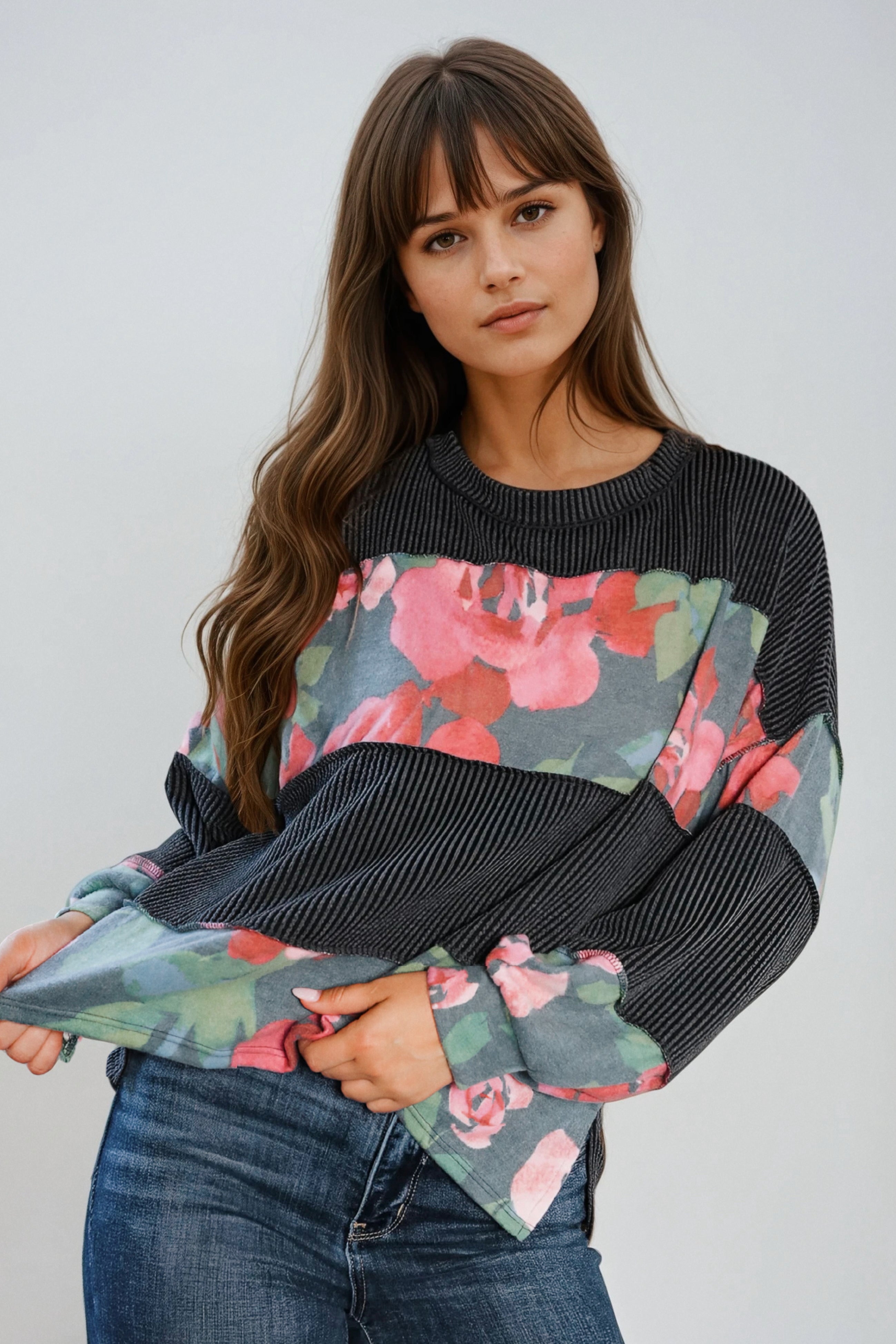Cottage Roses Color Block Long Sleeve Top • Charcoal