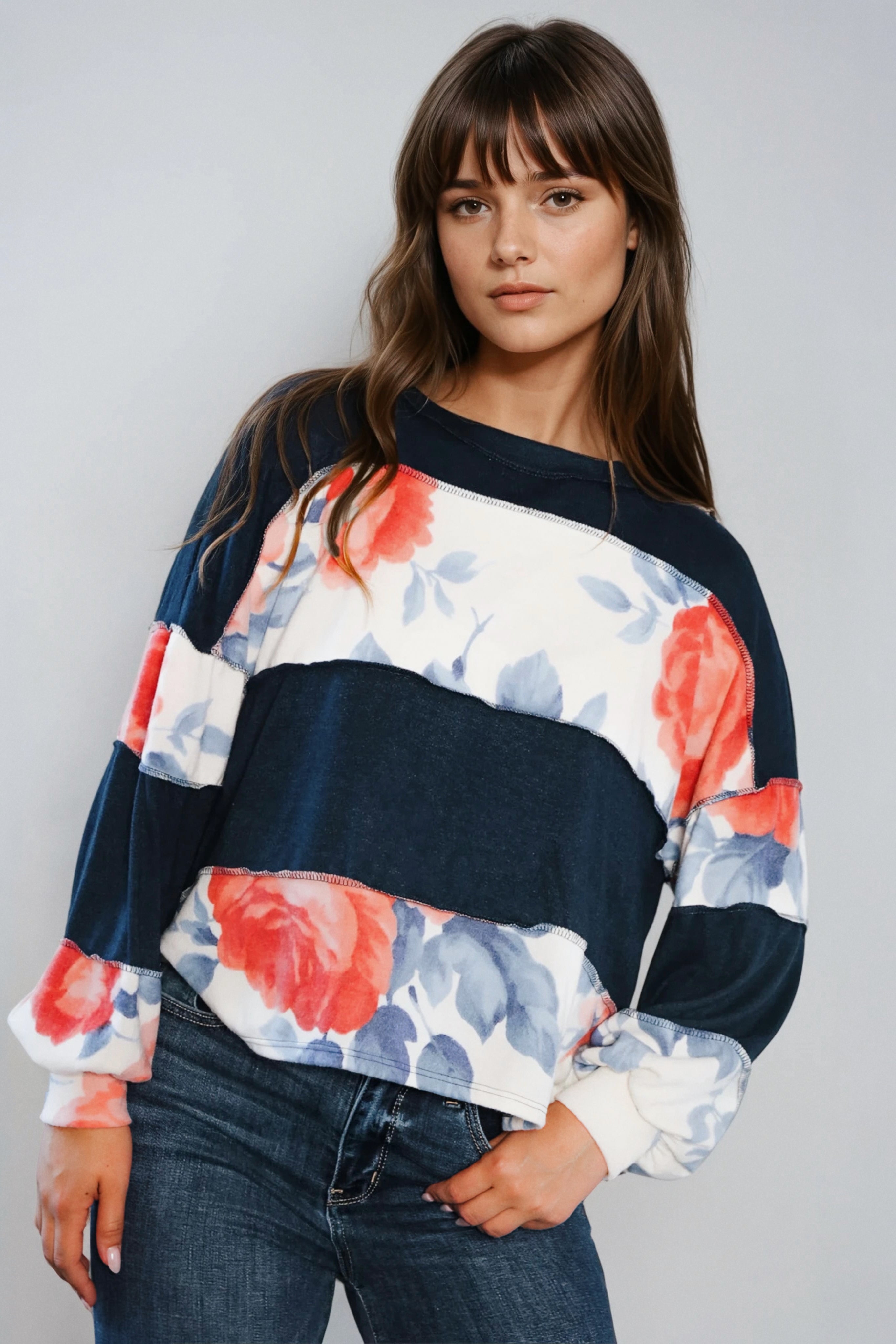 Cottage Roses Color Block Long Sleeve Top • Navy