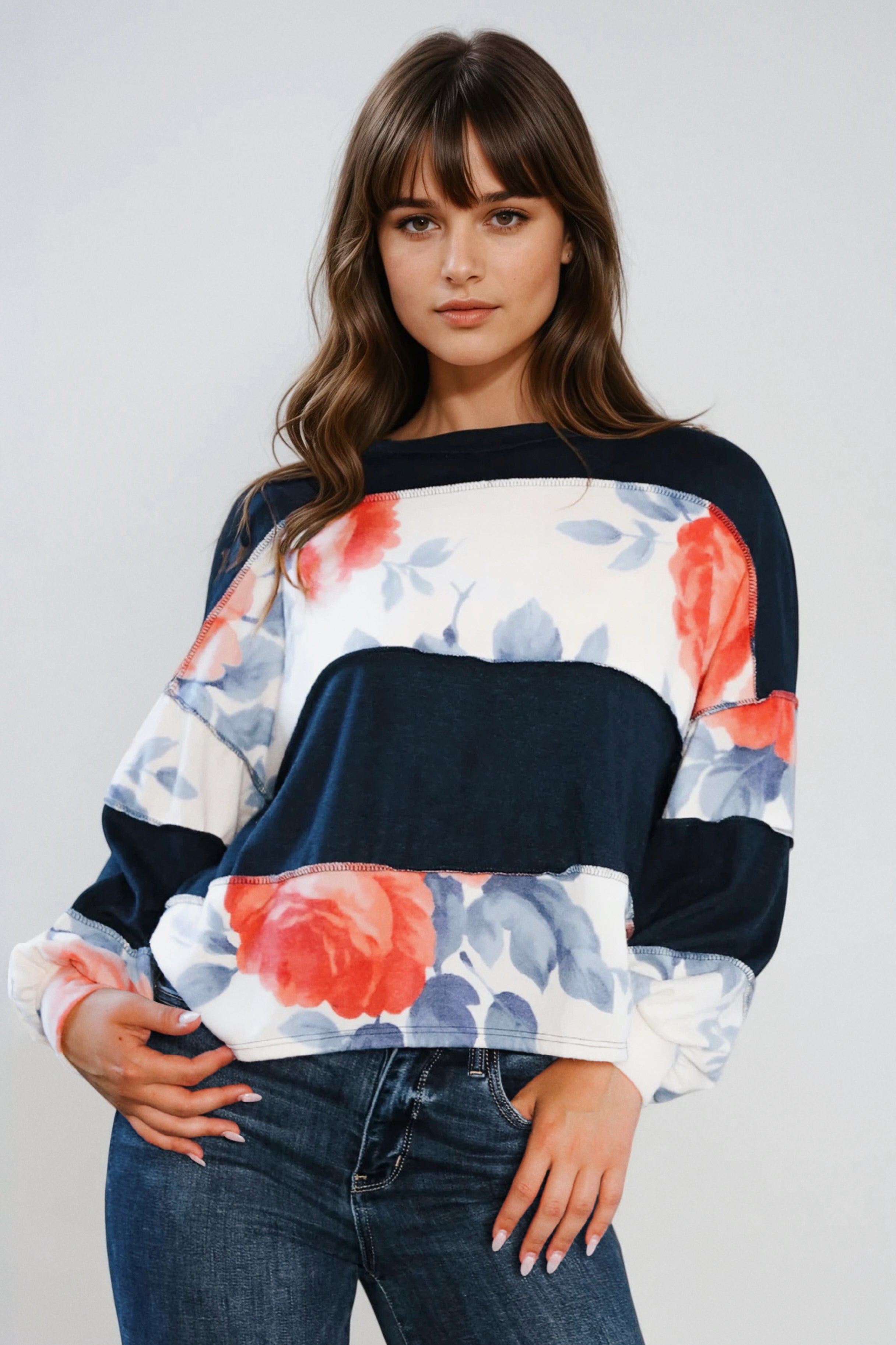 Cottage Roses Color Block Long Sleeve Top • Navy