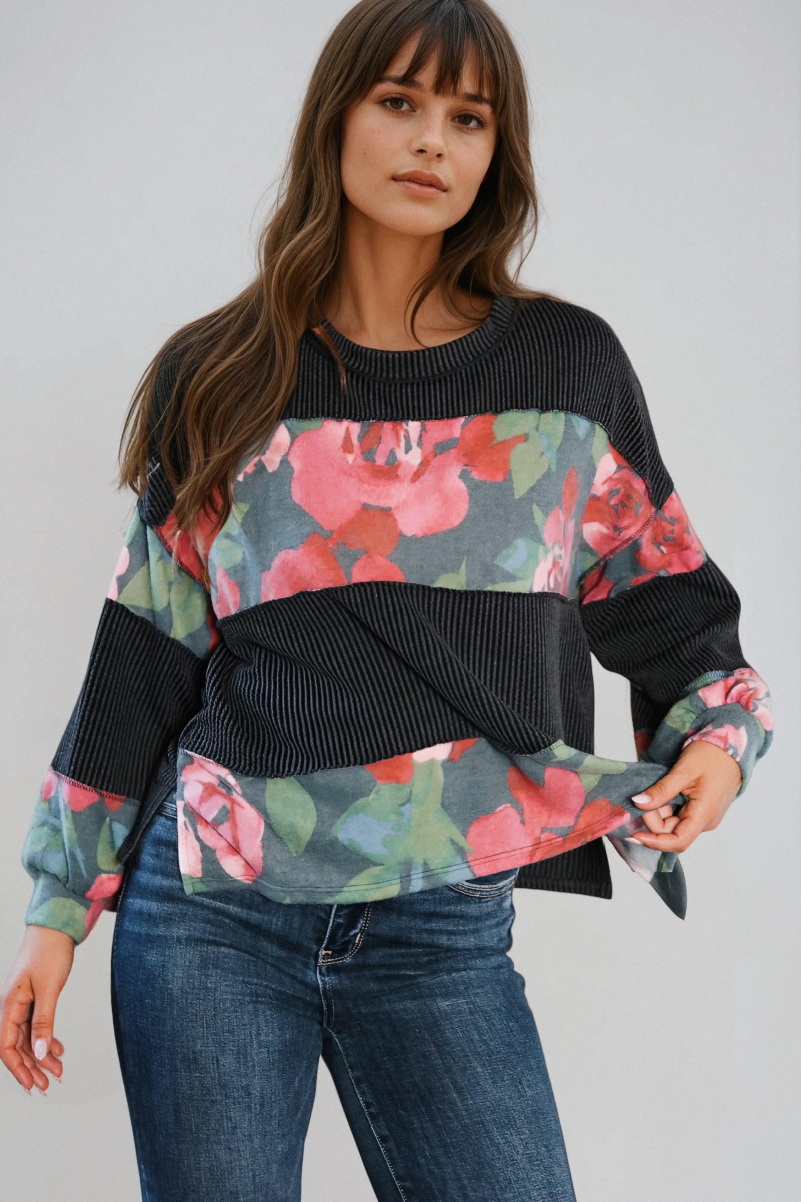 Cottage Roses Color Block Long Sleeve Top • Charcoal