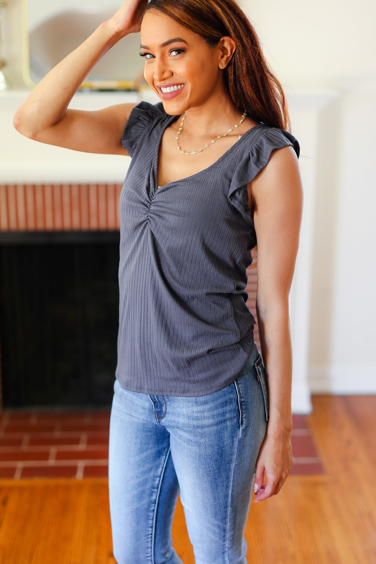 Sunny Days Sweetheart Neckline Ribbed Top