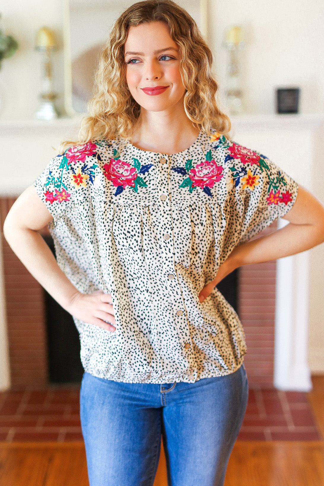 Perfectly Poised Animal Print Floral Embroidery Button Down Top