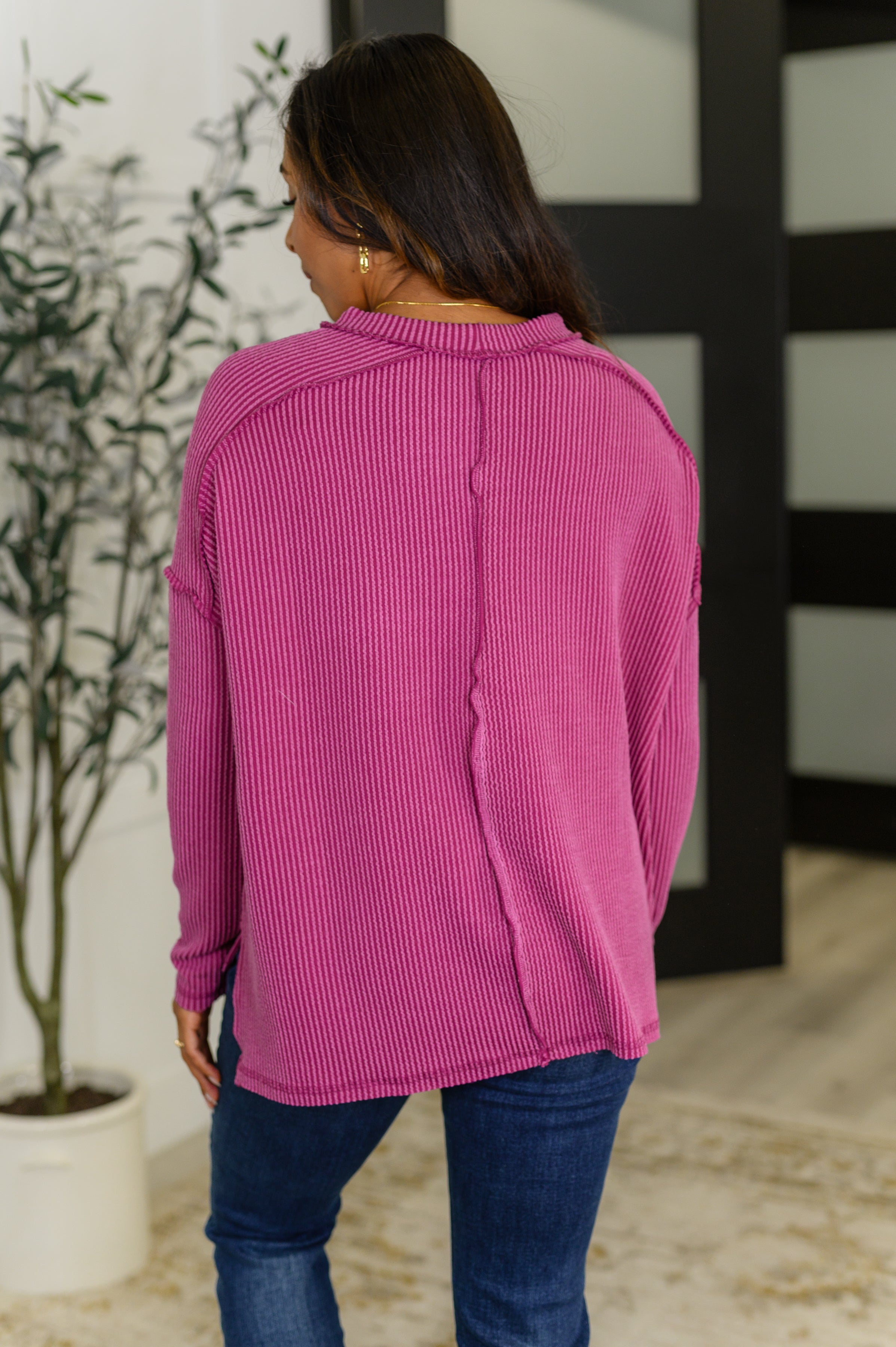 Wander & Rest Cable Ribbed Knit Drop Shoulder Top • Plum