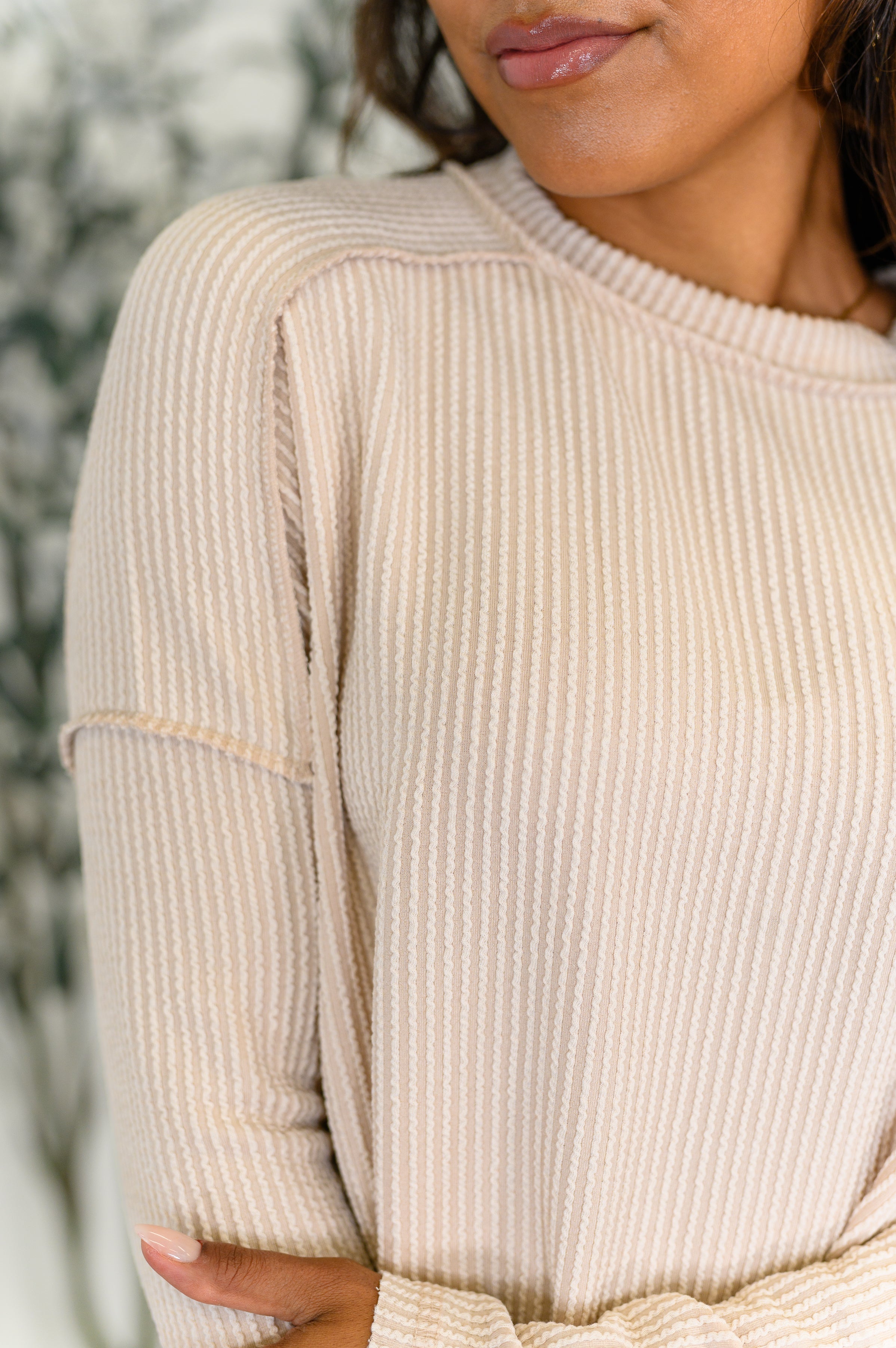 Wander & Rest Cable Ribbed Knit Drop Shoulder Top • Sand Beige