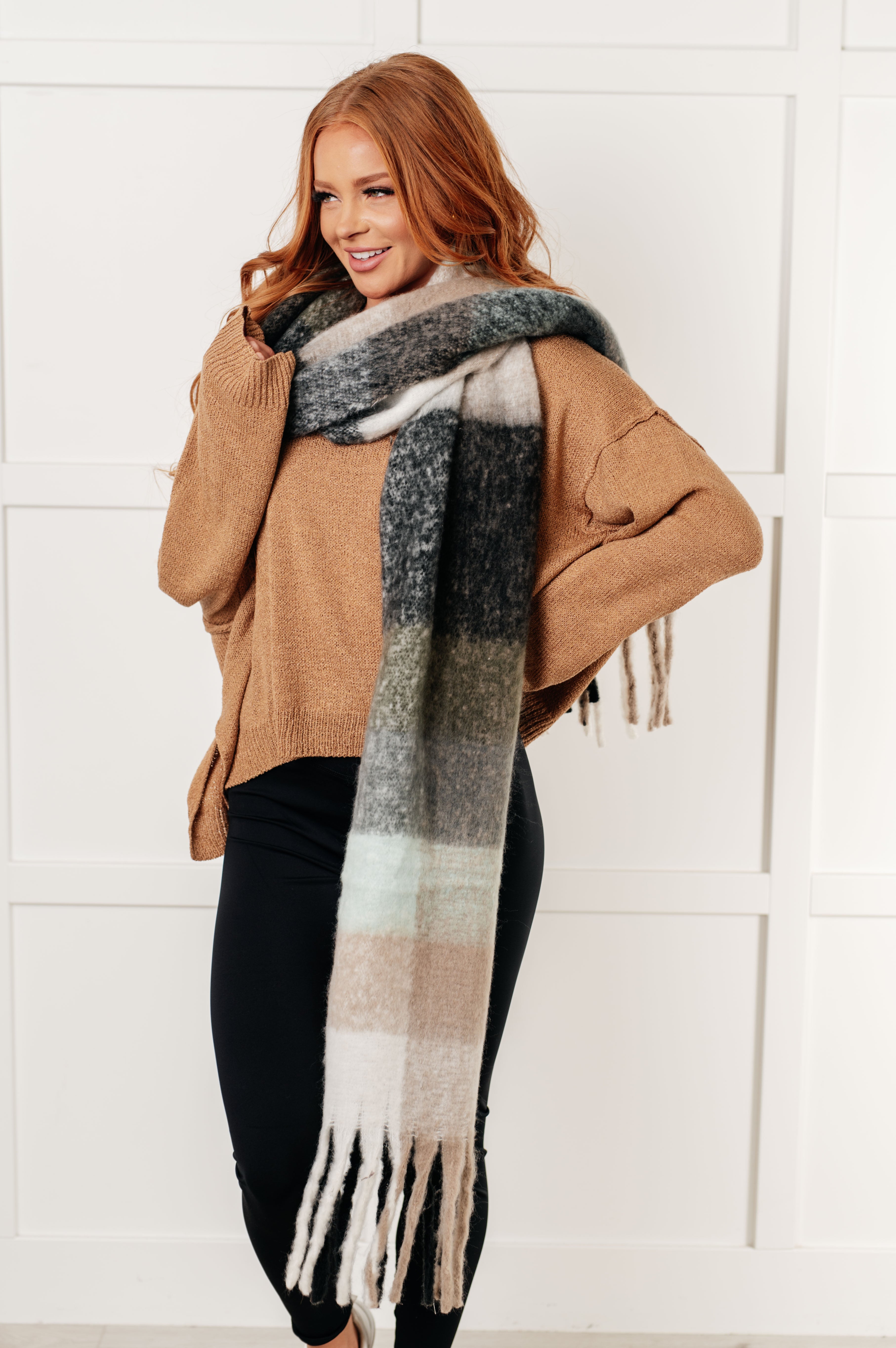 Wanderlust Wrap Oversized Plaid Fringe Scarf • Grey & Jade