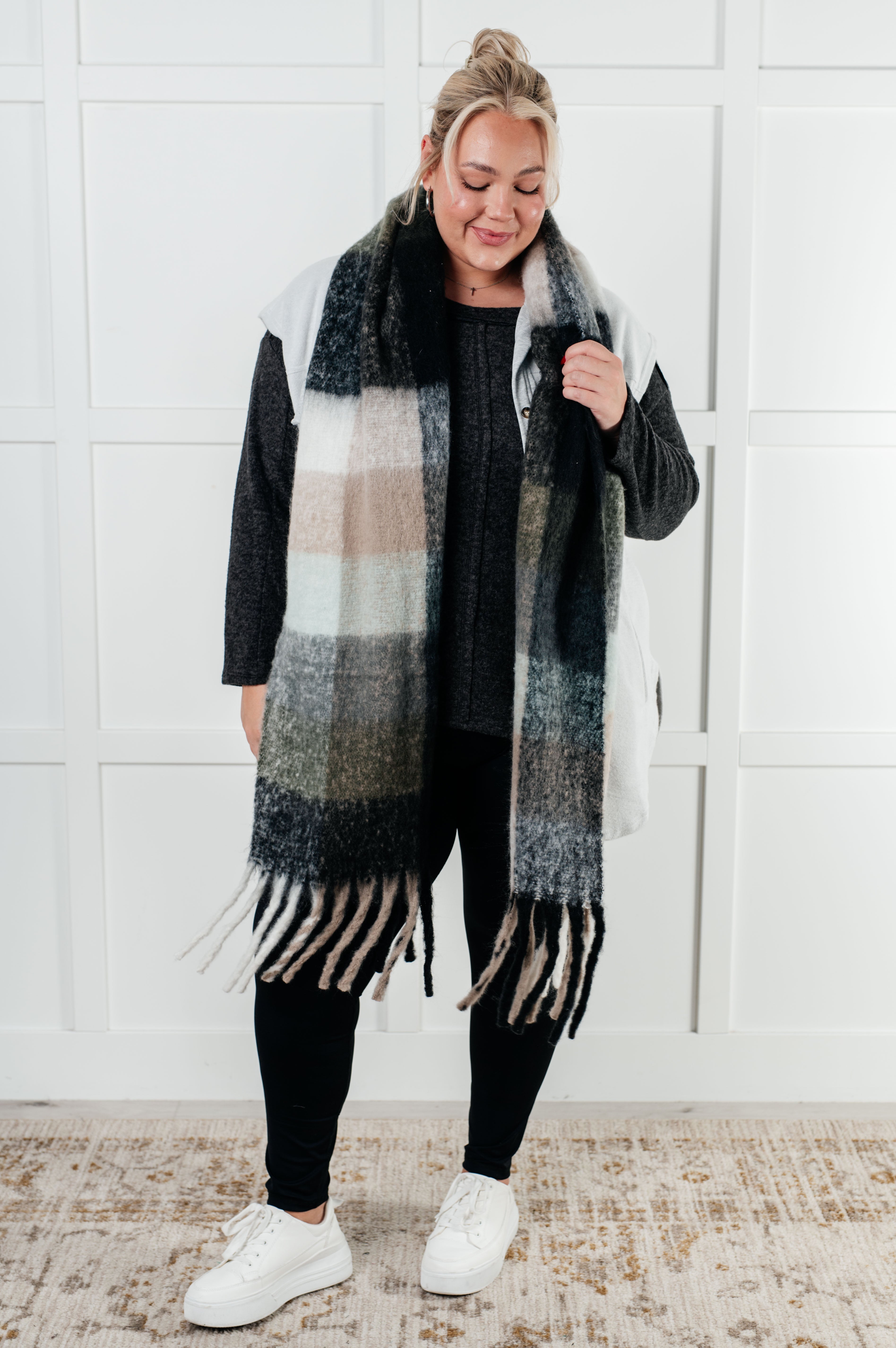 Wanderlust Wrap Oversized Plaid Fringe Scarf • Grey & Jade
