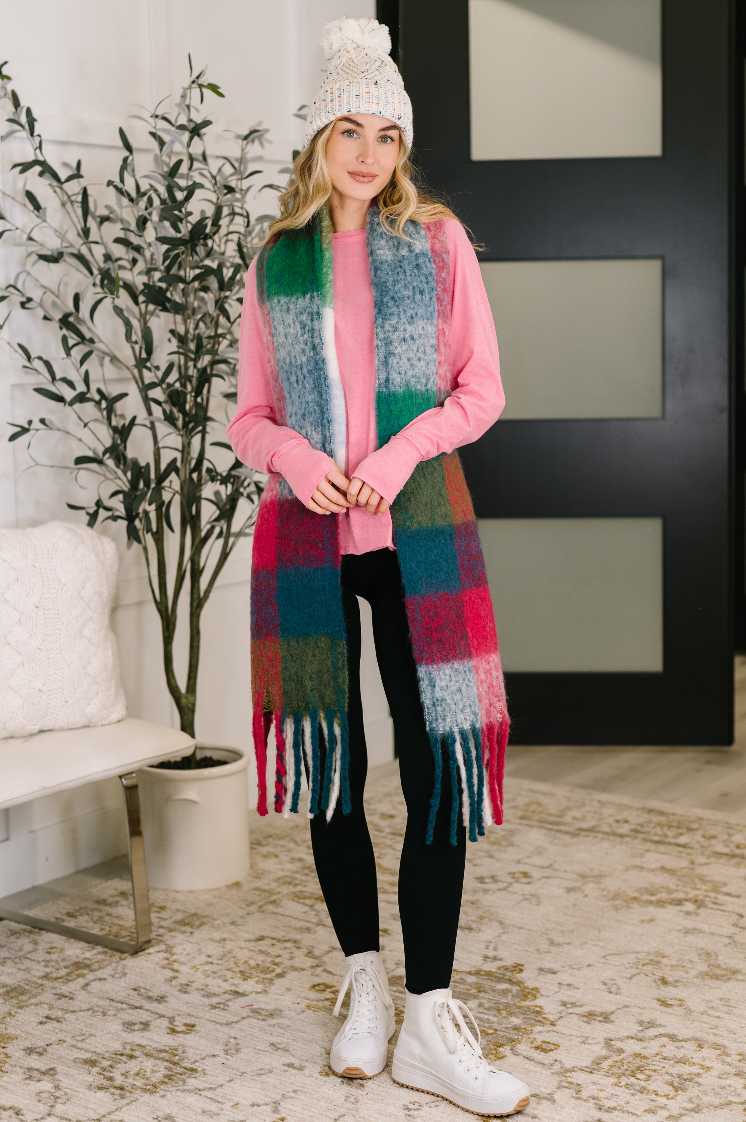 Wanderlust Wrap Oversized Plaid Fringe Scarf • Magenta & Teal