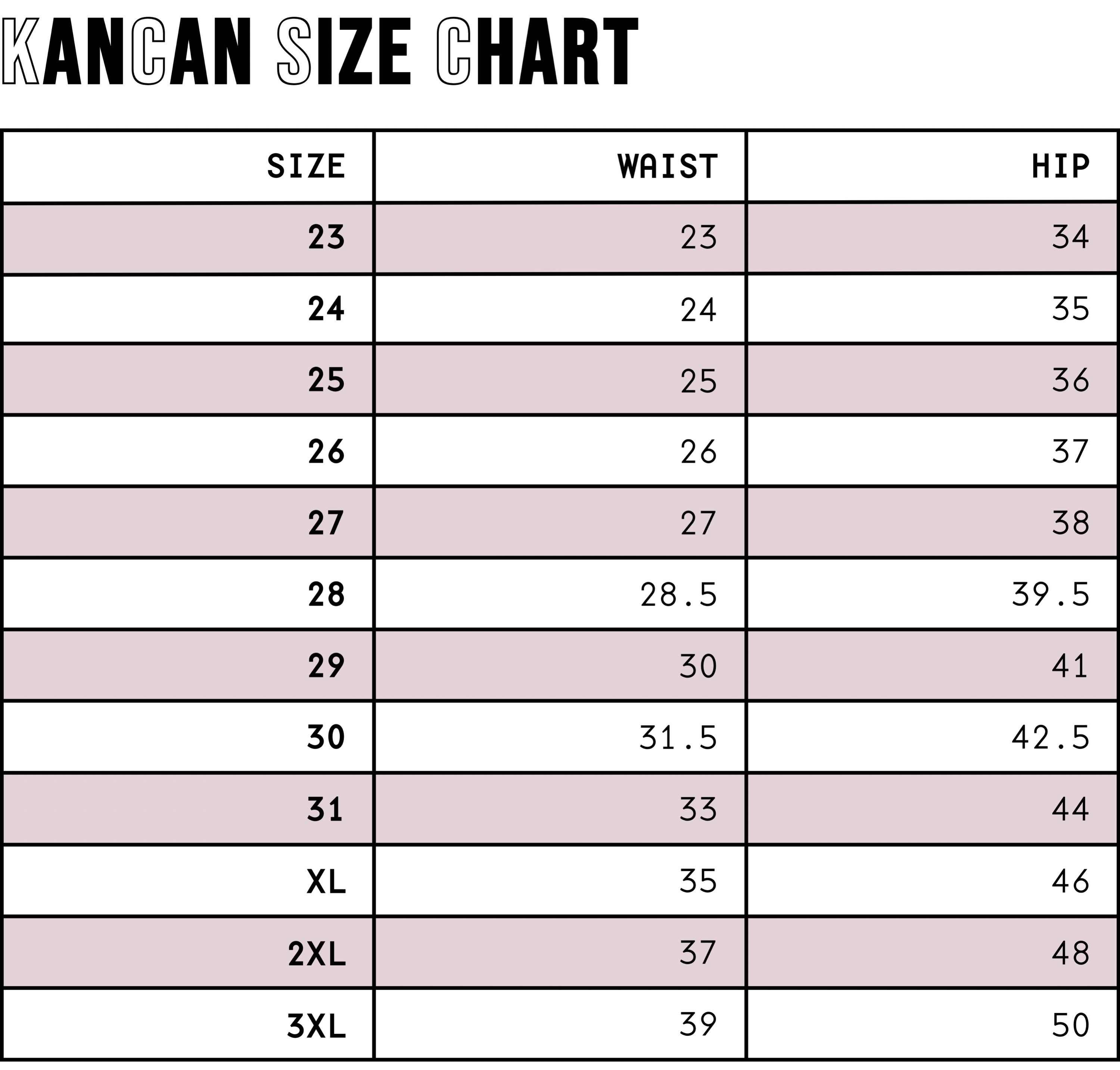 Atomic Wildflower Kancan Jeans Size chart displaying waist and hip measurements for various jean sizes on a soft muted pink background