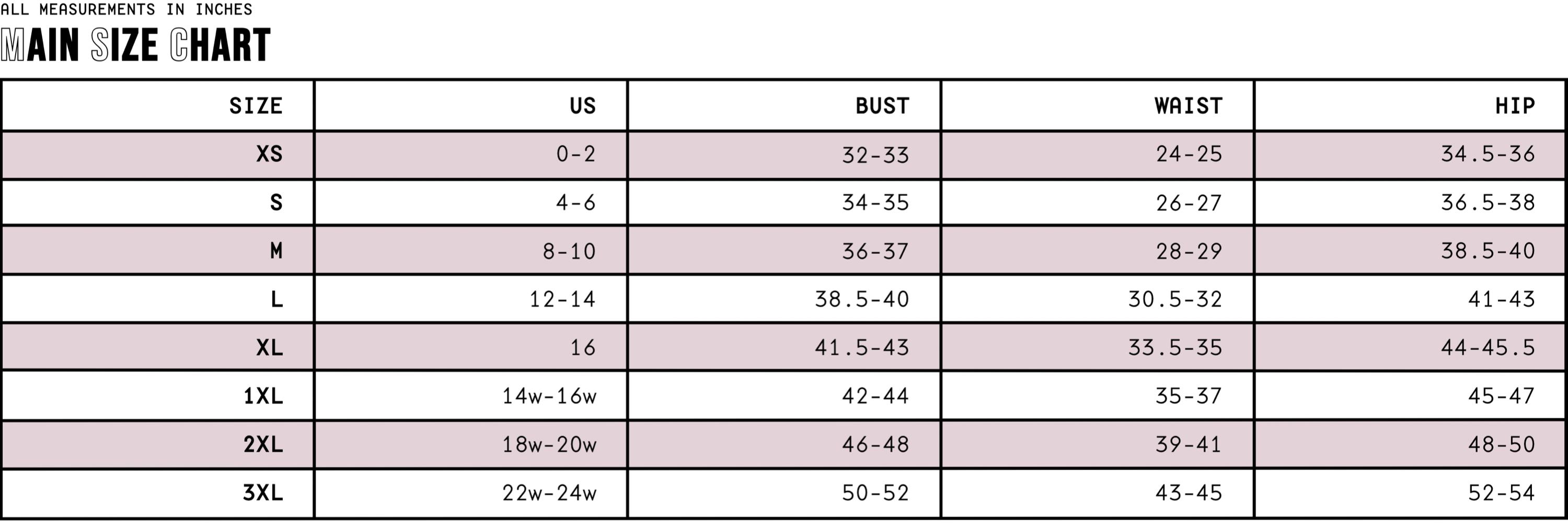 Atomic Wildflower Main Size chart displaying bust, waist and hip measurements for sizes XS to  3XL on a soft muted pink background