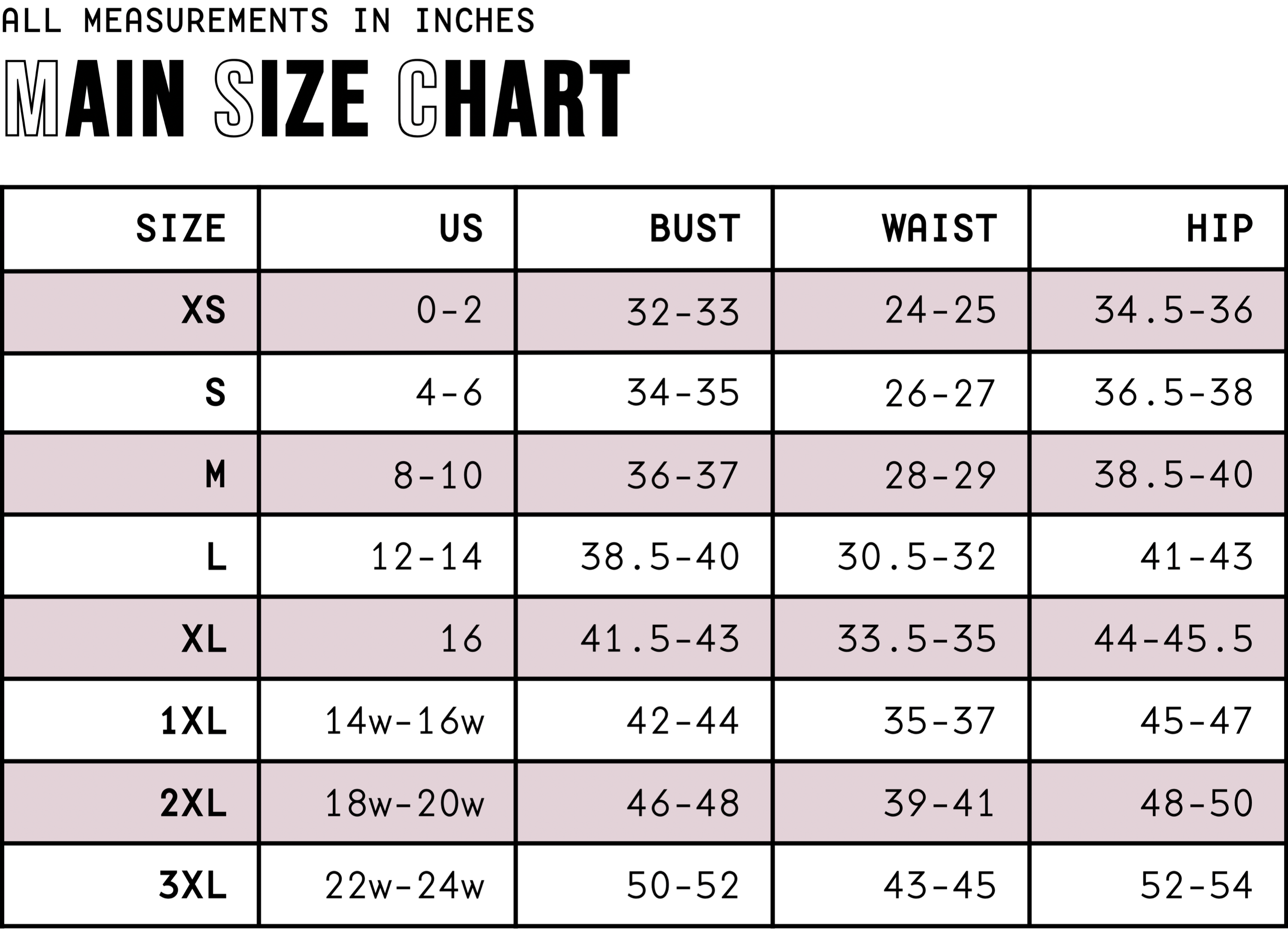 Atomic Wildflower Main Size chart displaying bust, waist and hip measurements for sizes XS to  3XL on a soft muted pink background