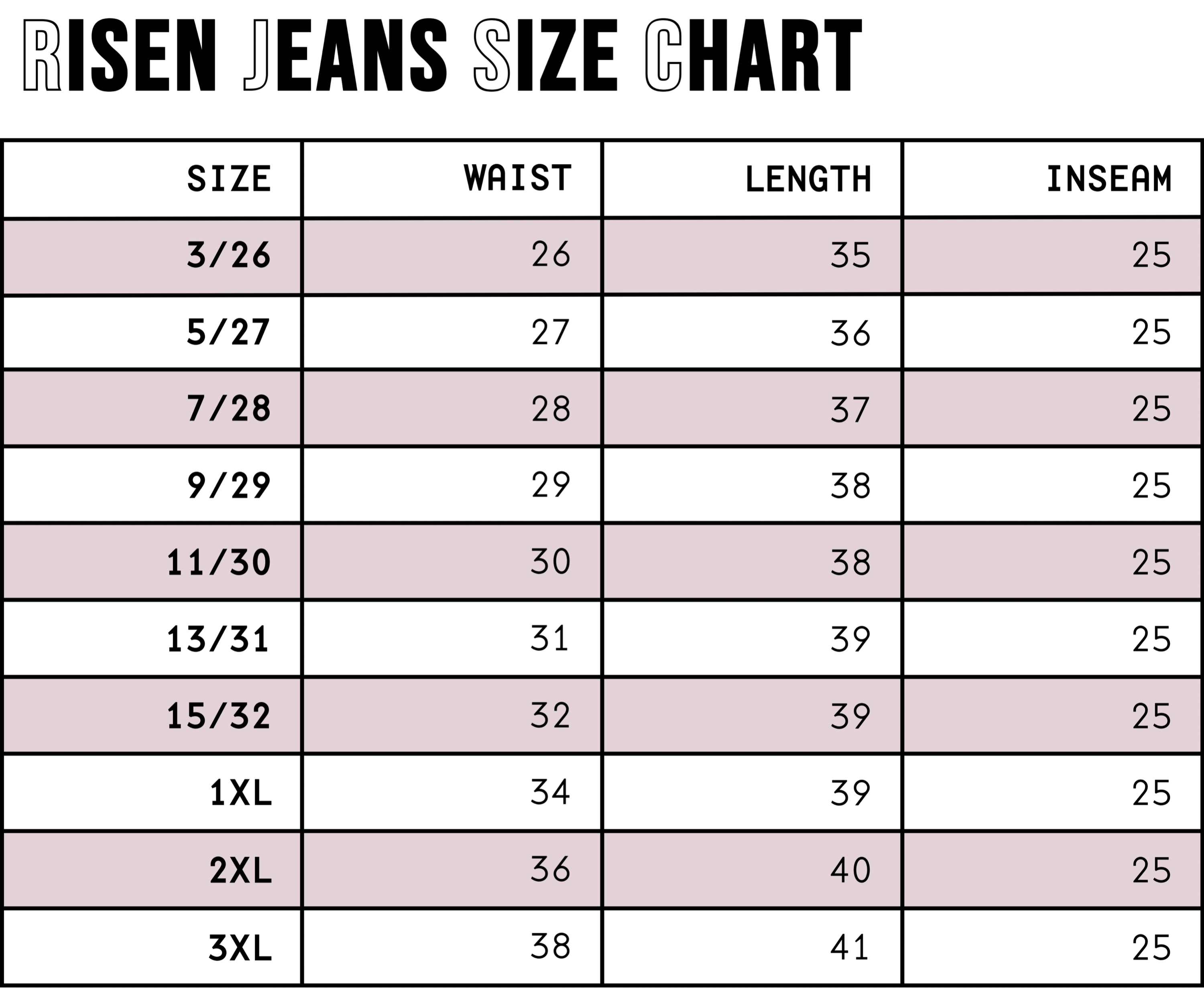 Atomic Wildflower Risen Jeans Size chart table showing waist, hip, and inseam measurements for various jean sizes on soft pink background