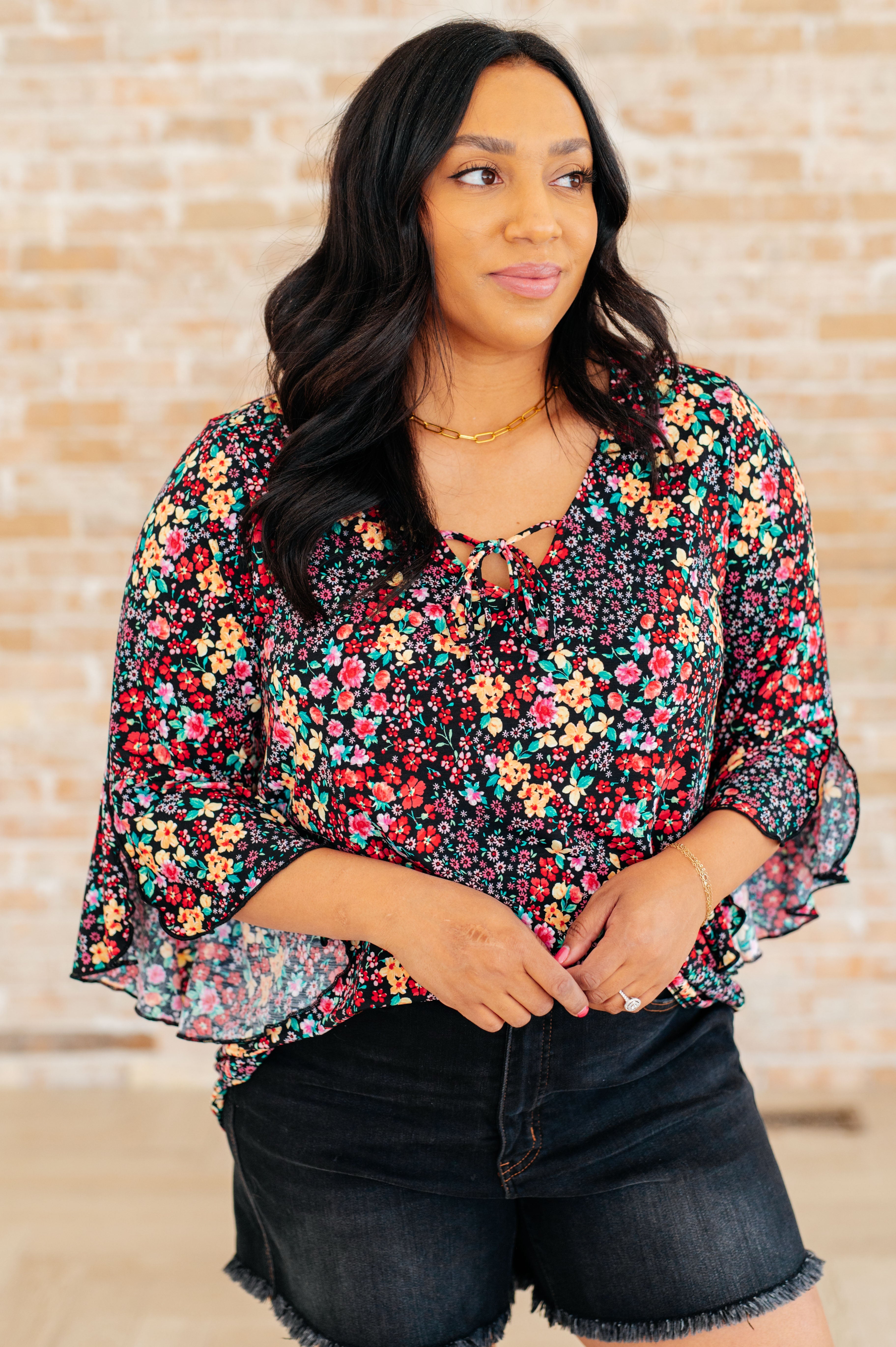Willow Bell Sleeve Top • Black Multi Ditsy Floral