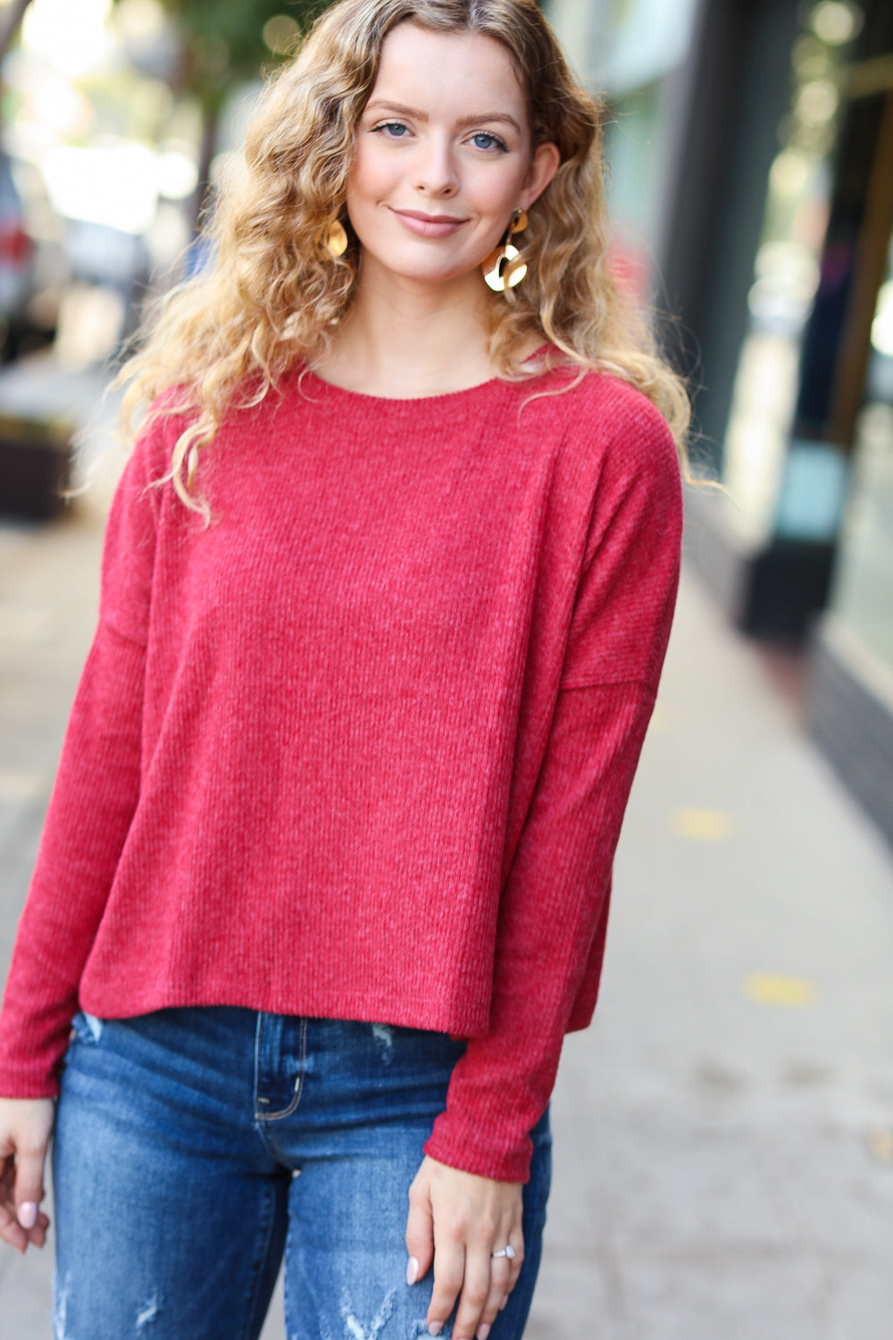 Stay Awhile Ribbed Dolman Cropped Sweater • Red