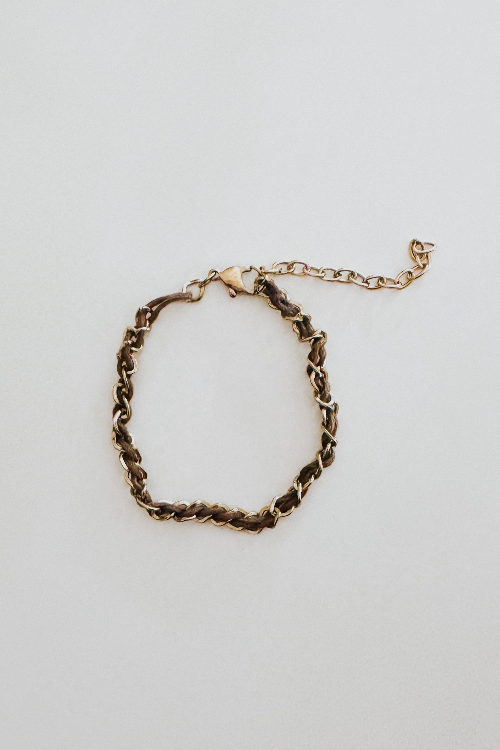 Gold chain bracelet with intertwined darker metal links and adjustable clasp on a light neutral background