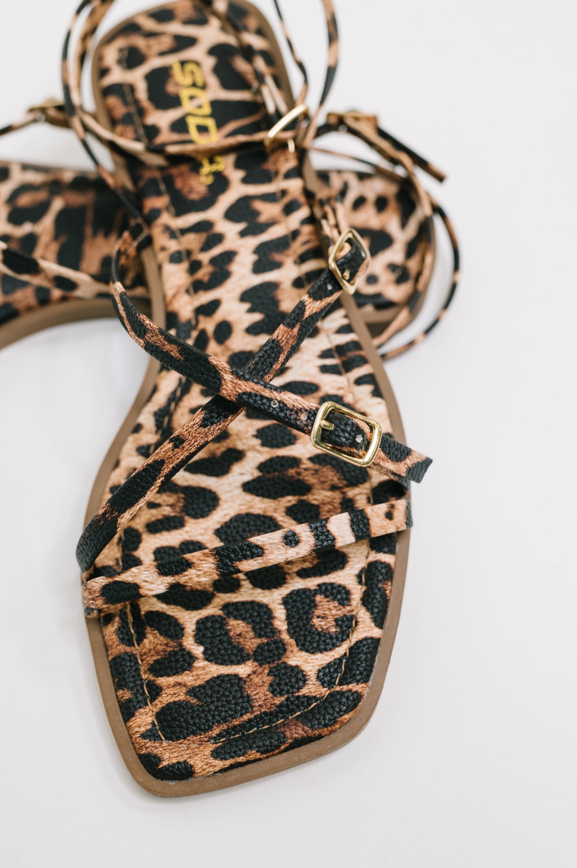Leopard square toe sandal with crisscross ankle straps and gleaming gold buckles displayed on a white background