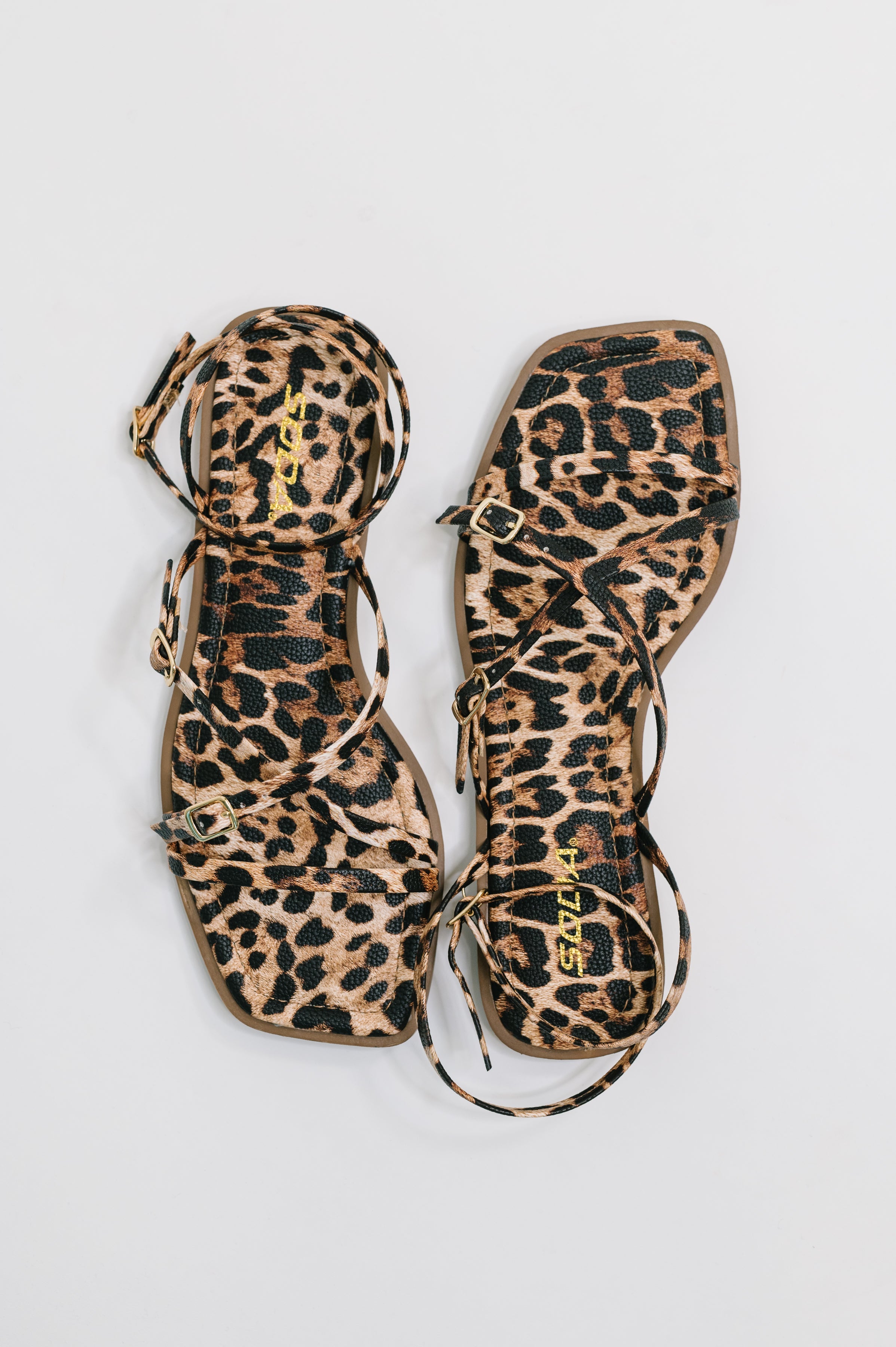 Pair of brown leopard print square toe sandals with adjustable ankle straps and gold buckles on a white background
