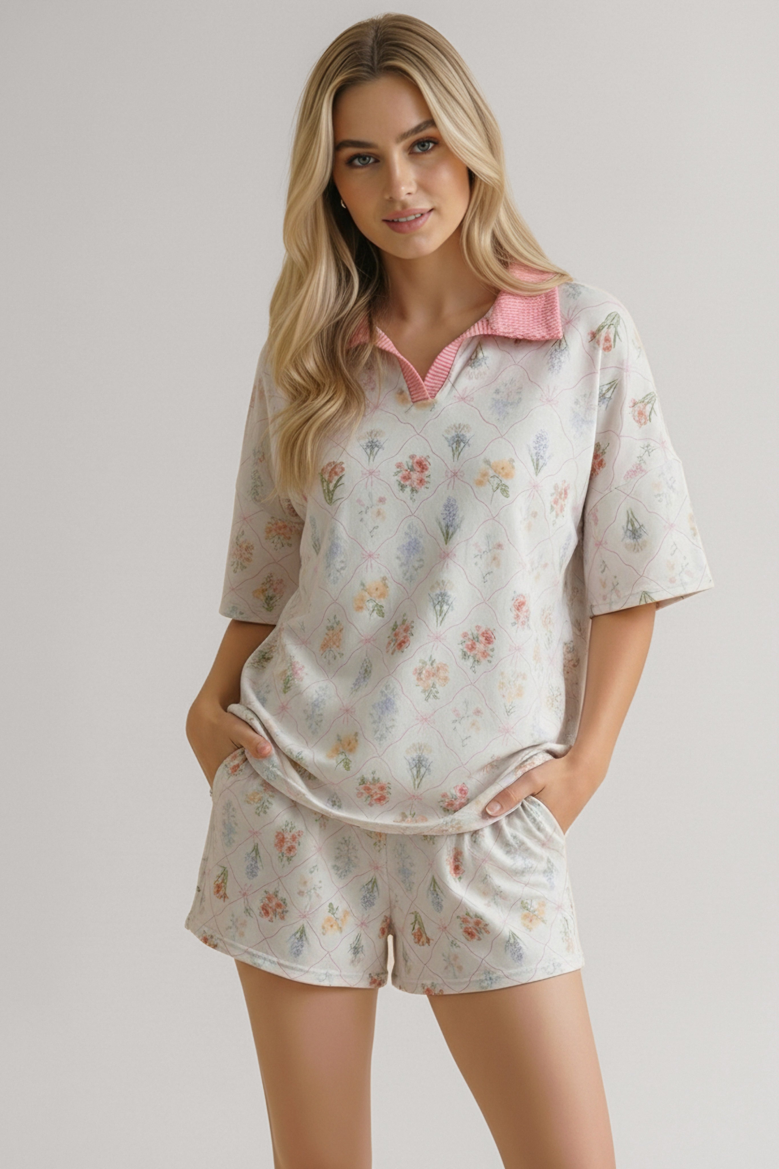 Woman wearing ivory floral garden matching short set with pink collar and relaxed fit, hands in pockets, smiling gently