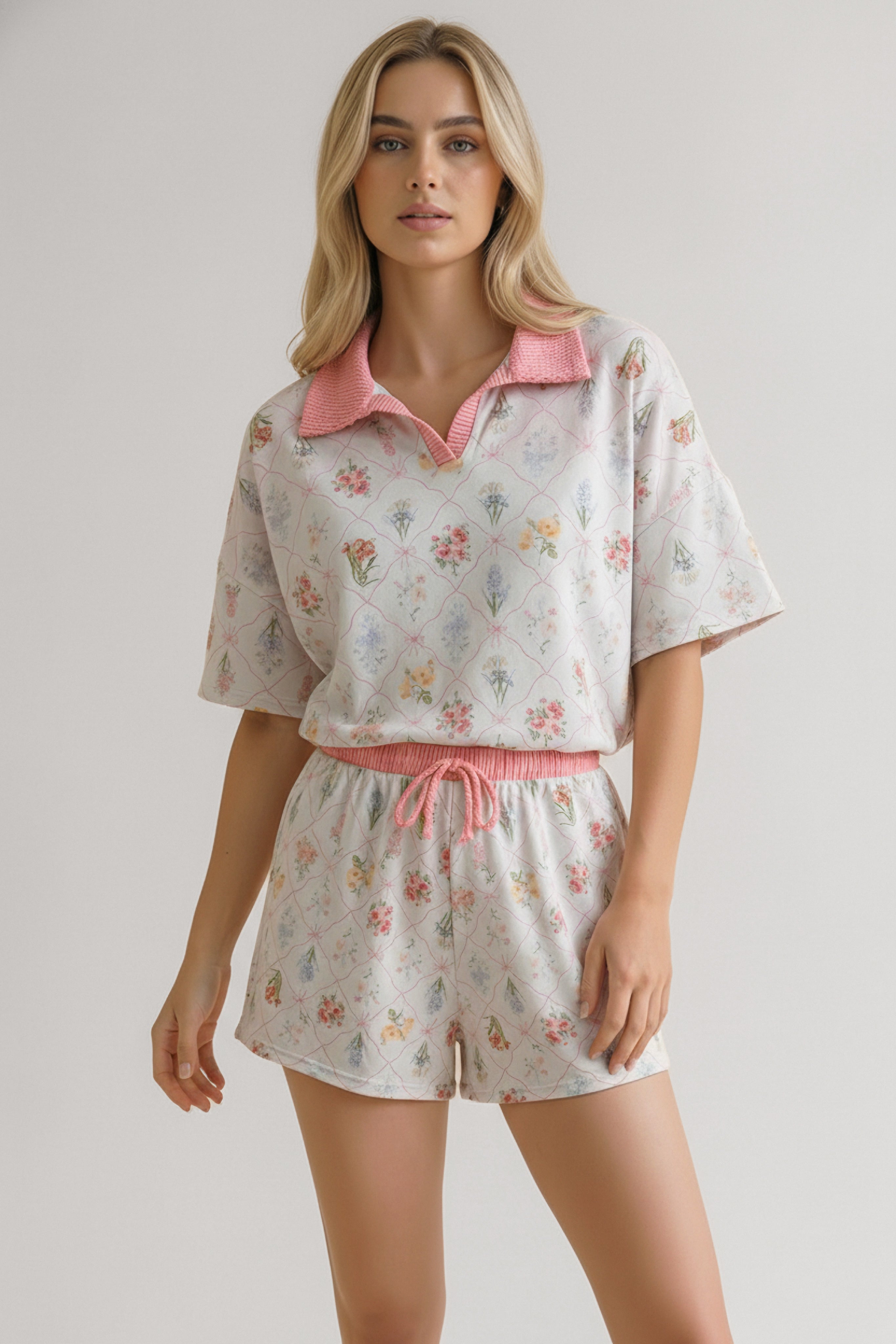 Woman wearing ivory floral garden matching short set with pink collar and waistband, standing against plain background