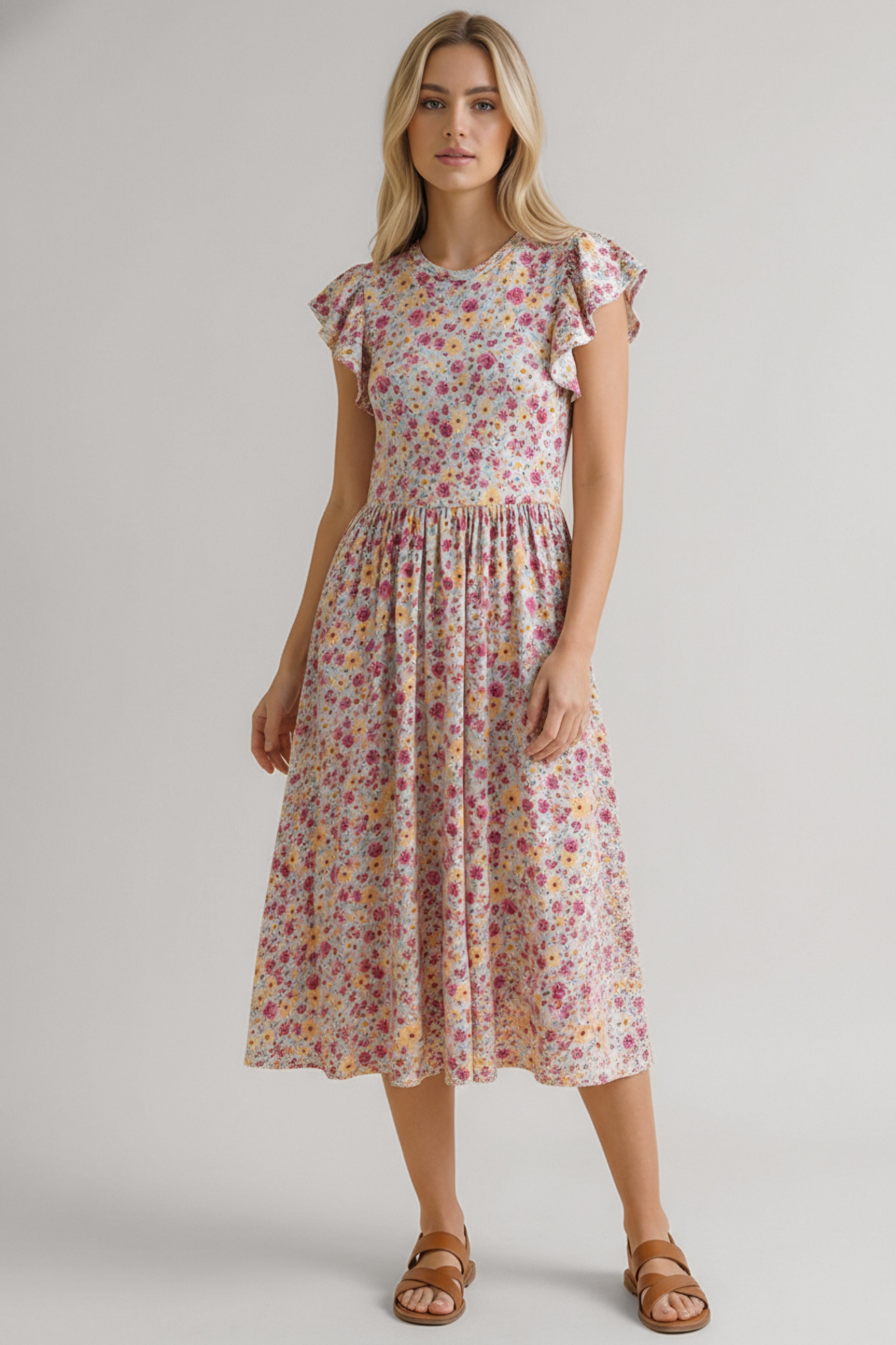 Woman wearing a pink floral midi dress with flutter sleeves and a gathered waist paired with tan flat sandals