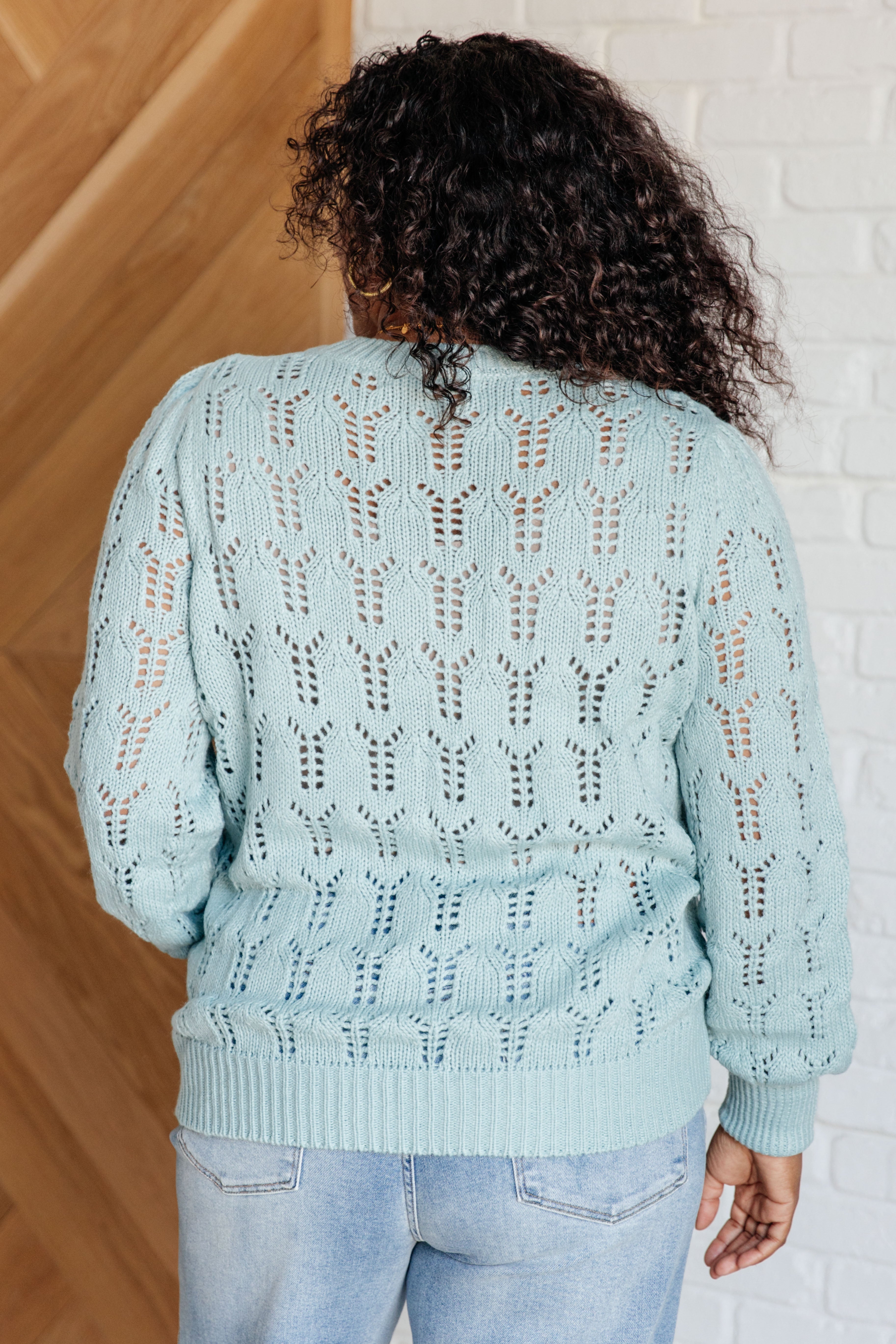 Back view of a light blue Hole In One Sheer Pointelle Knit Sweater with intricate open knit pattern on model