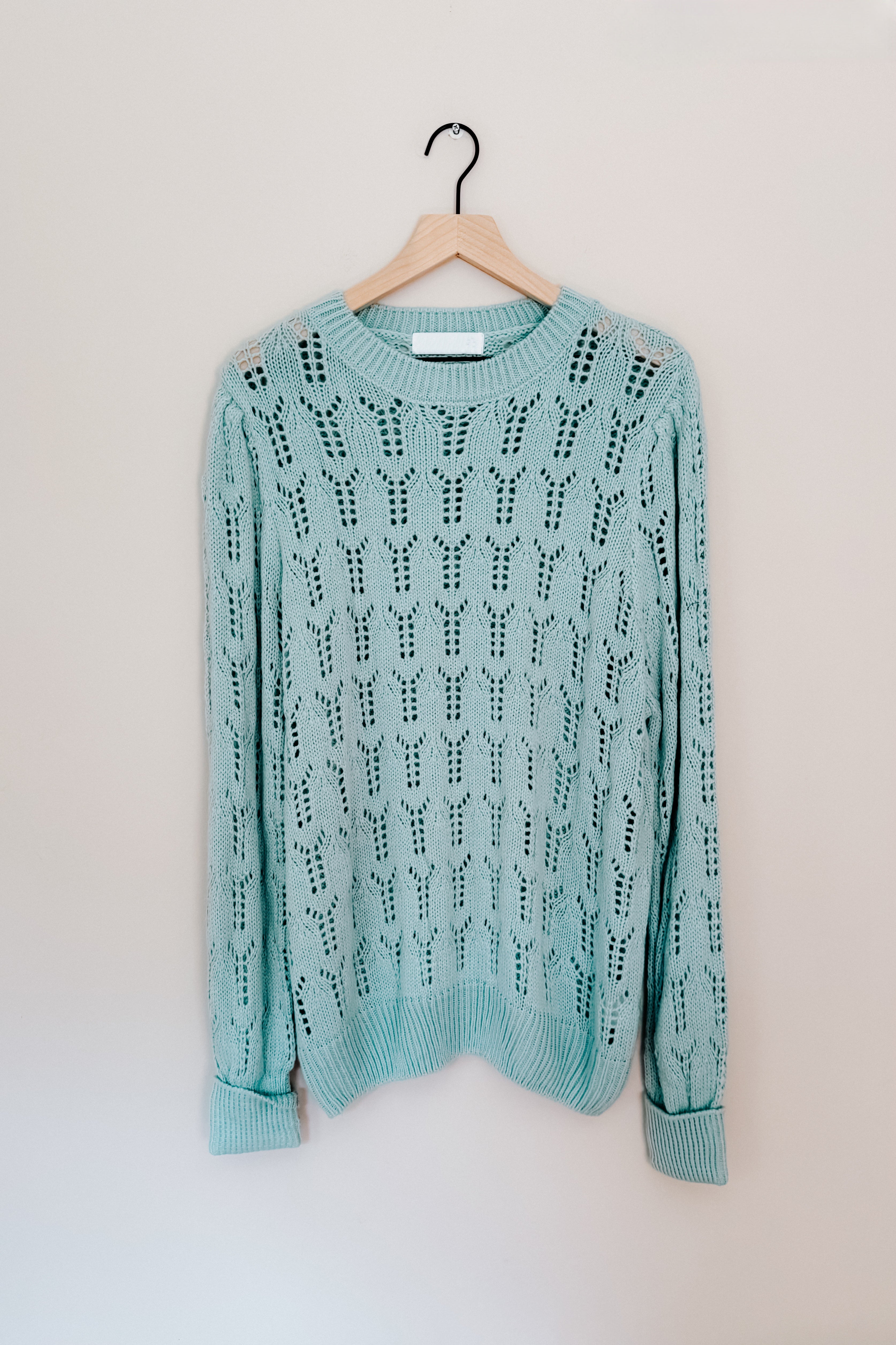 Light blue Hole In One sheer pointelle knit sweater with long sleeves hanging on wooden hanger against neutral wall