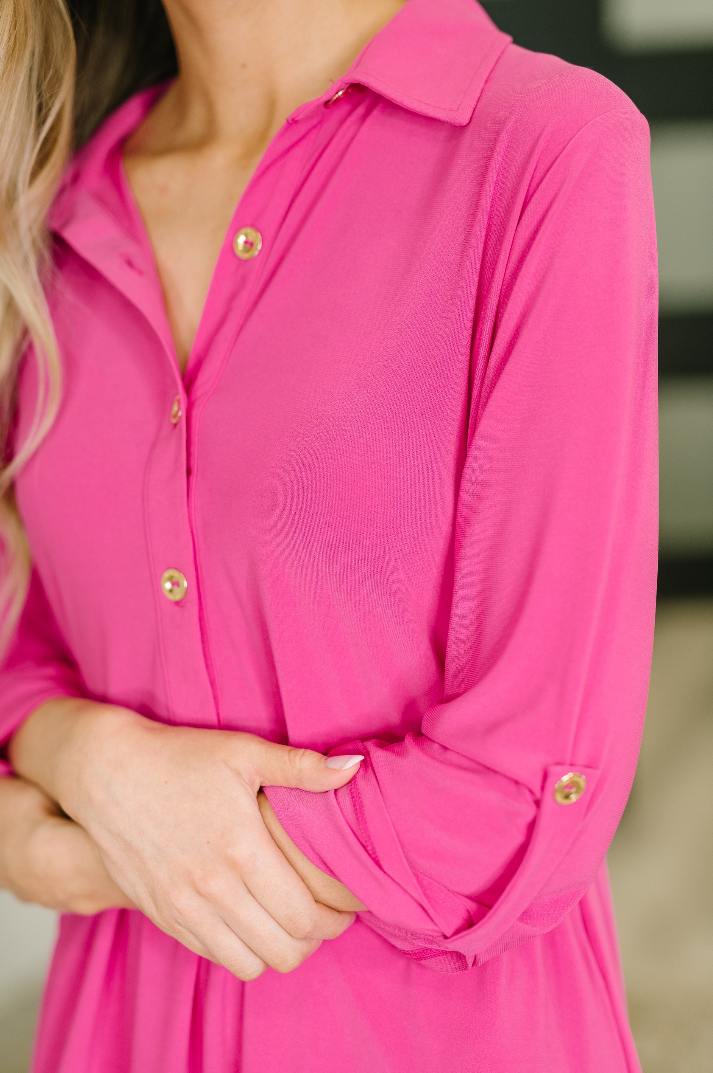 Close-up of Runway Pink Inspire Collared Neck Dress featuring three-quarter sleeves with button tab detail