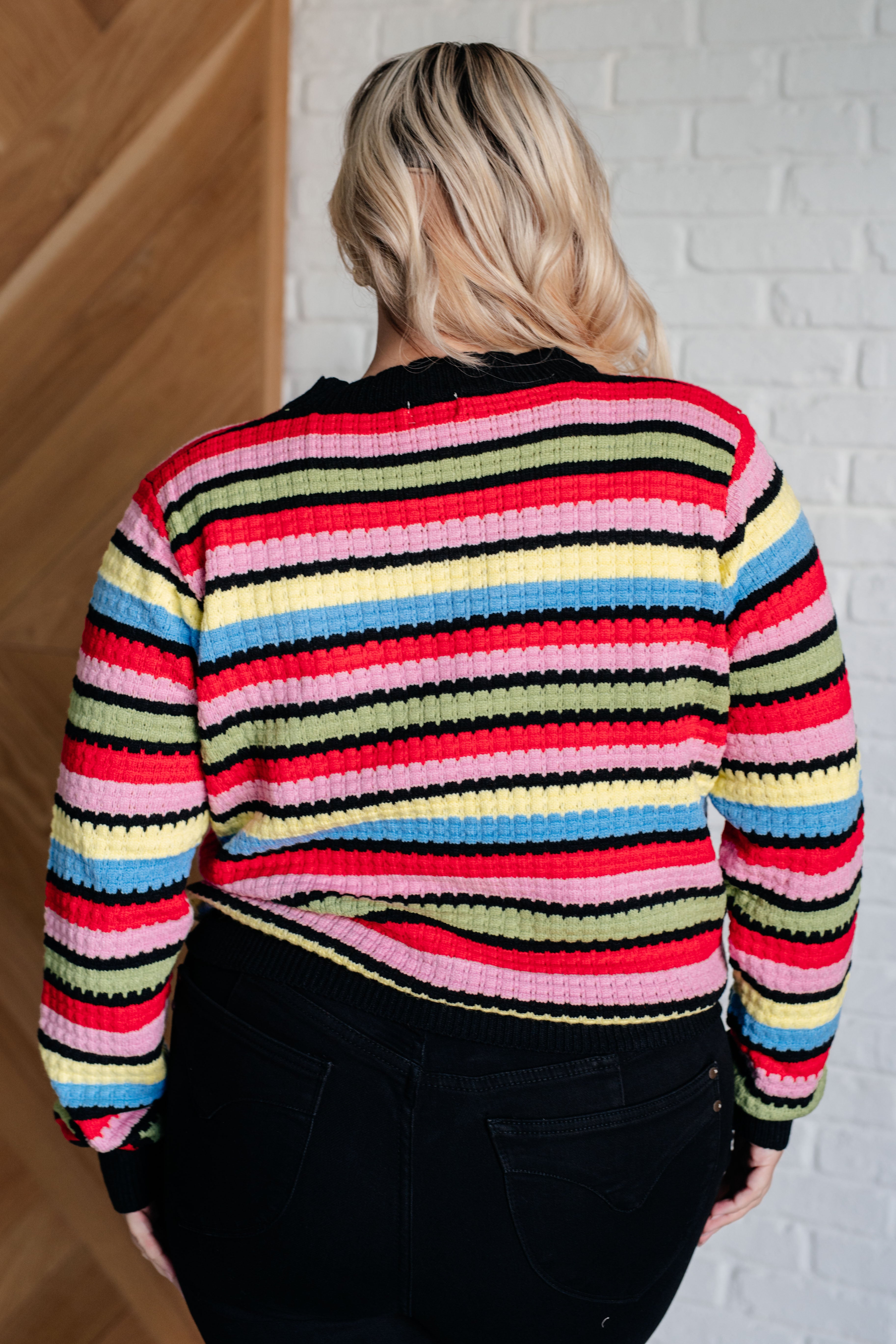 Back view of person wearing multicolor Keep Dreaming Striped Sweater with ribbed knit texture and black neckline