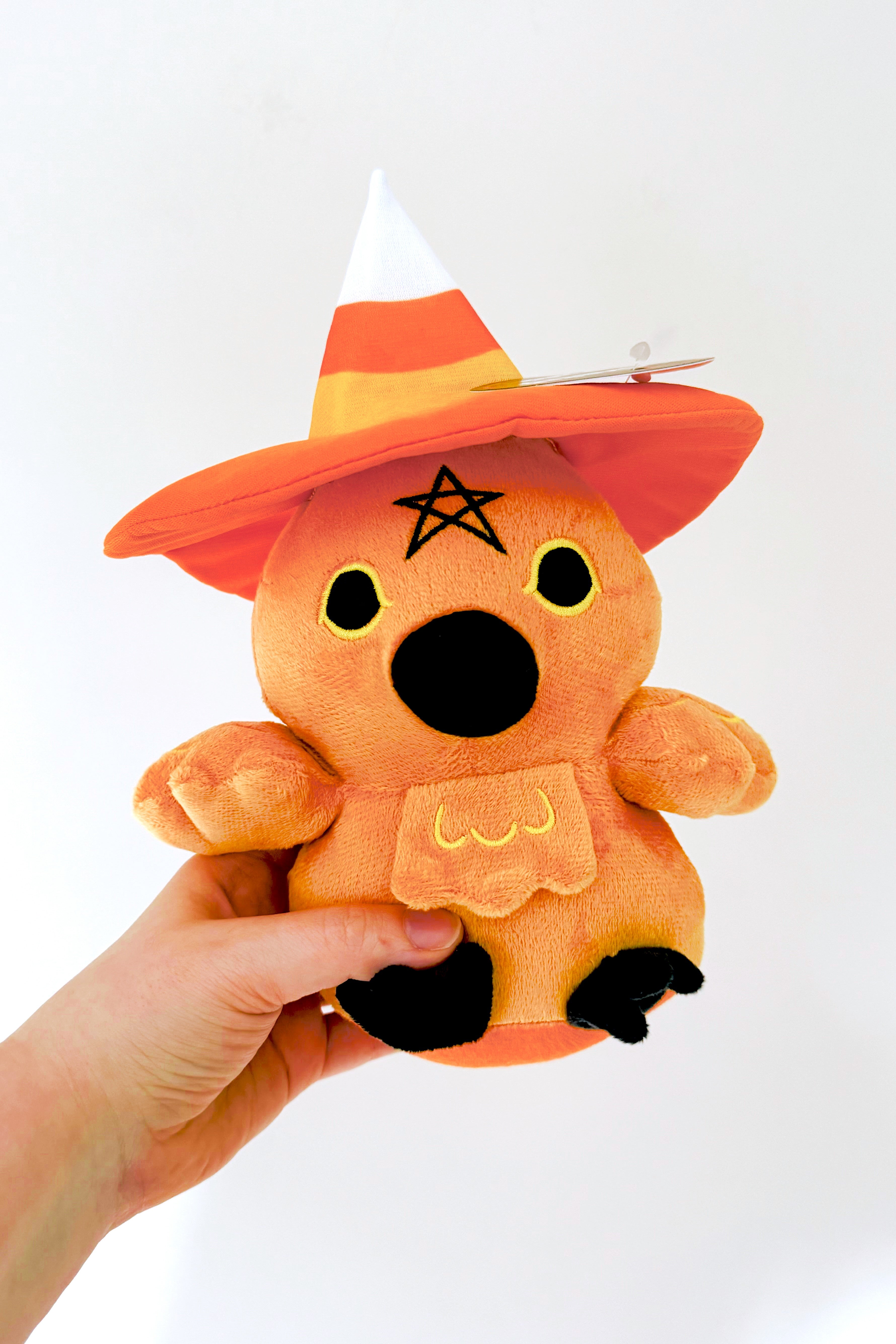 Hand holding a pumpkin spice orange plush bird wearing a candy corn witch hat with star on forehead