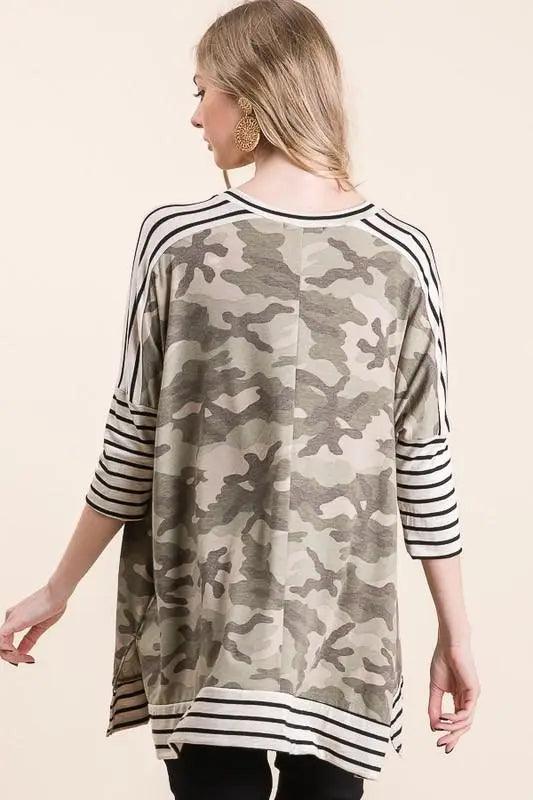 Back view of a green camo patterned mid sleeve tunic featuring contrasting black and white striped accents on sleeves, shoulders, and hem