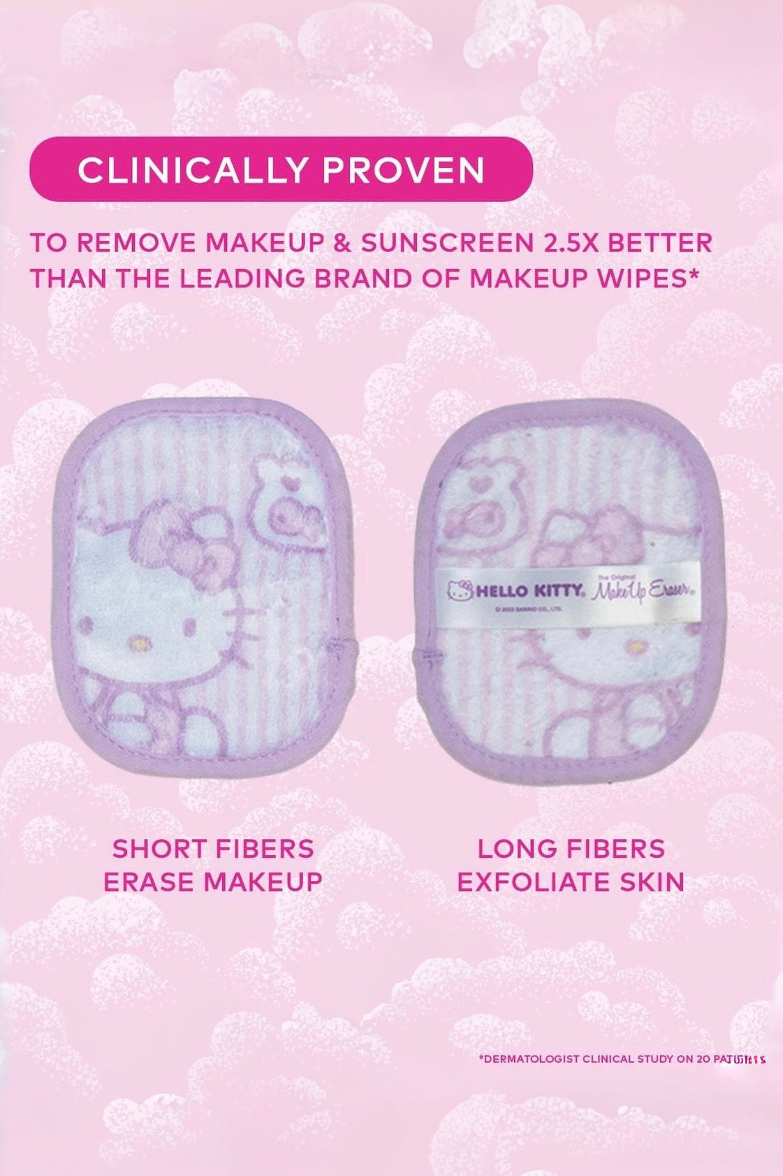 Two lavender Hello Kitty makeup eraser pads highlighting short fibers for makeup removal and long fibers for skin exfoliation.