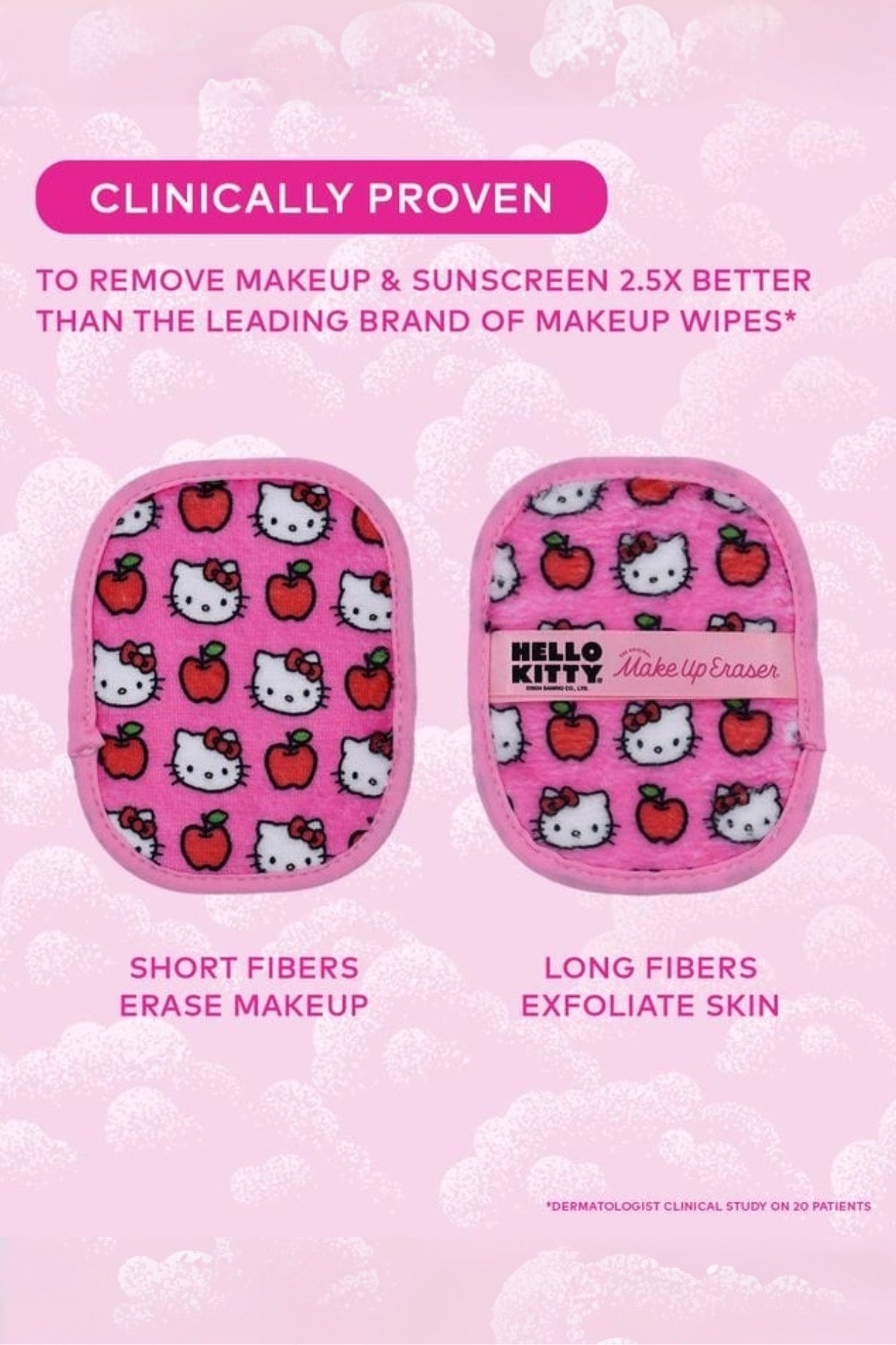 Two pink makeup eraser pads with Hello Kitty and apple designs showing different fiber textures for makeup removal and exfoliation