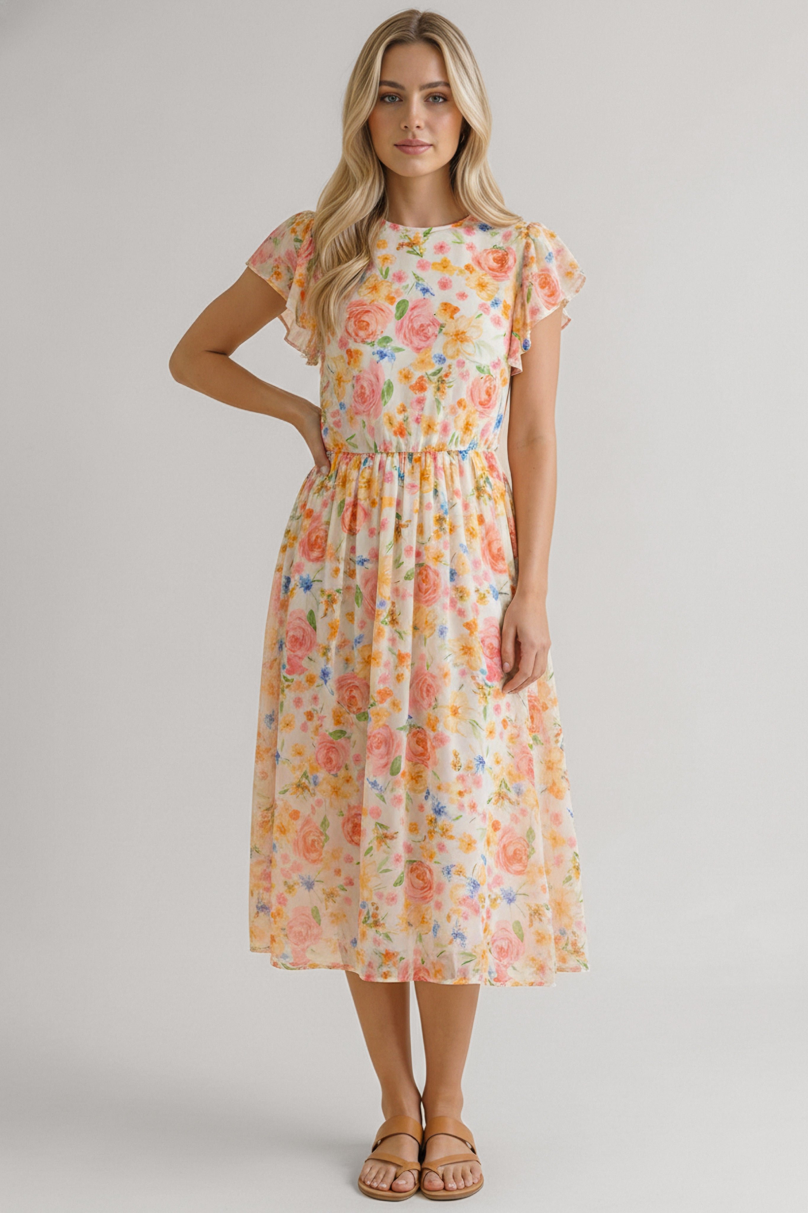 Woman wearing a delicate midi dress with orange floral print and flutter sleeves standing with hand on hip