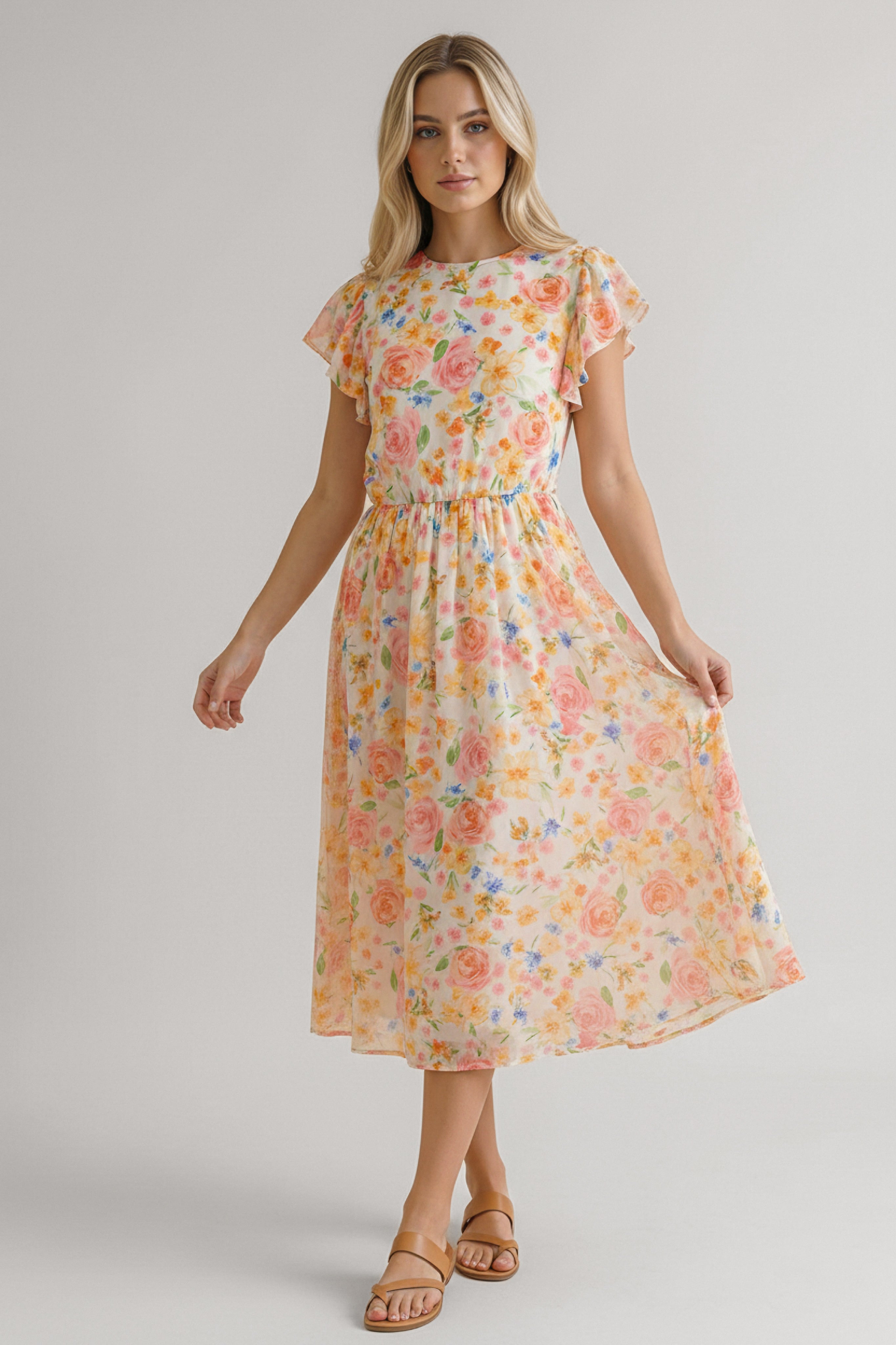 Blonde woman wearing a light orange floral midi dress with flutter sleeves holding the hem while standing