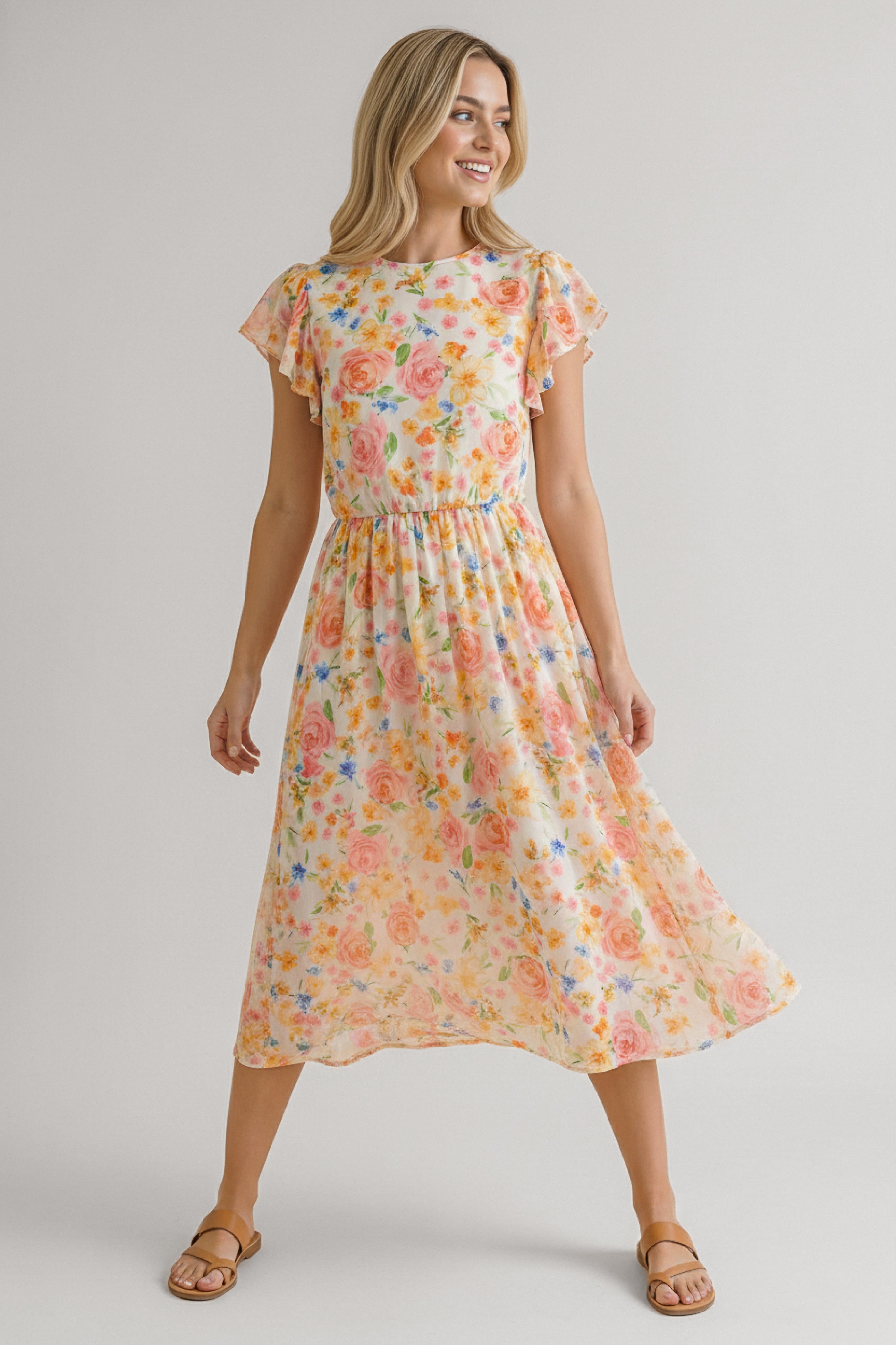 Woman wearing a flowing midi dress with orange floral print and flutter sleeves standing with a smile