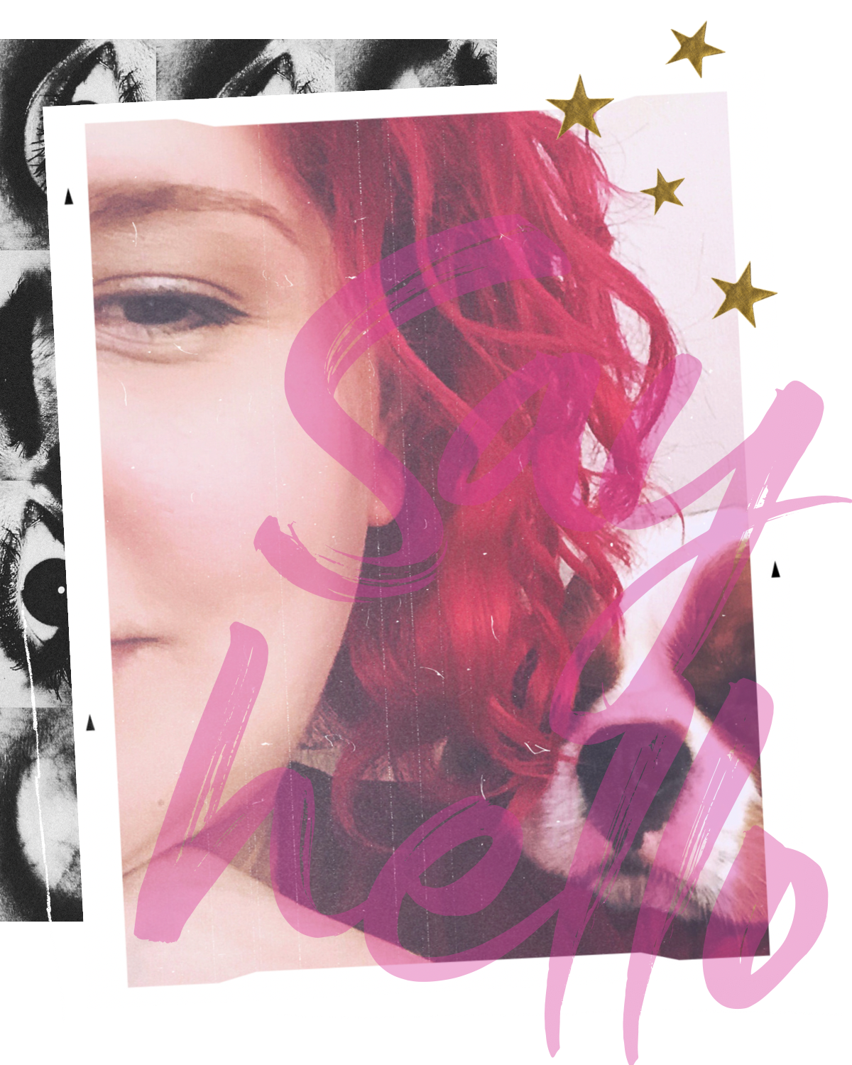 Collage featuring woman with pink hair and a dog on her shoulder with doodles and gold stars